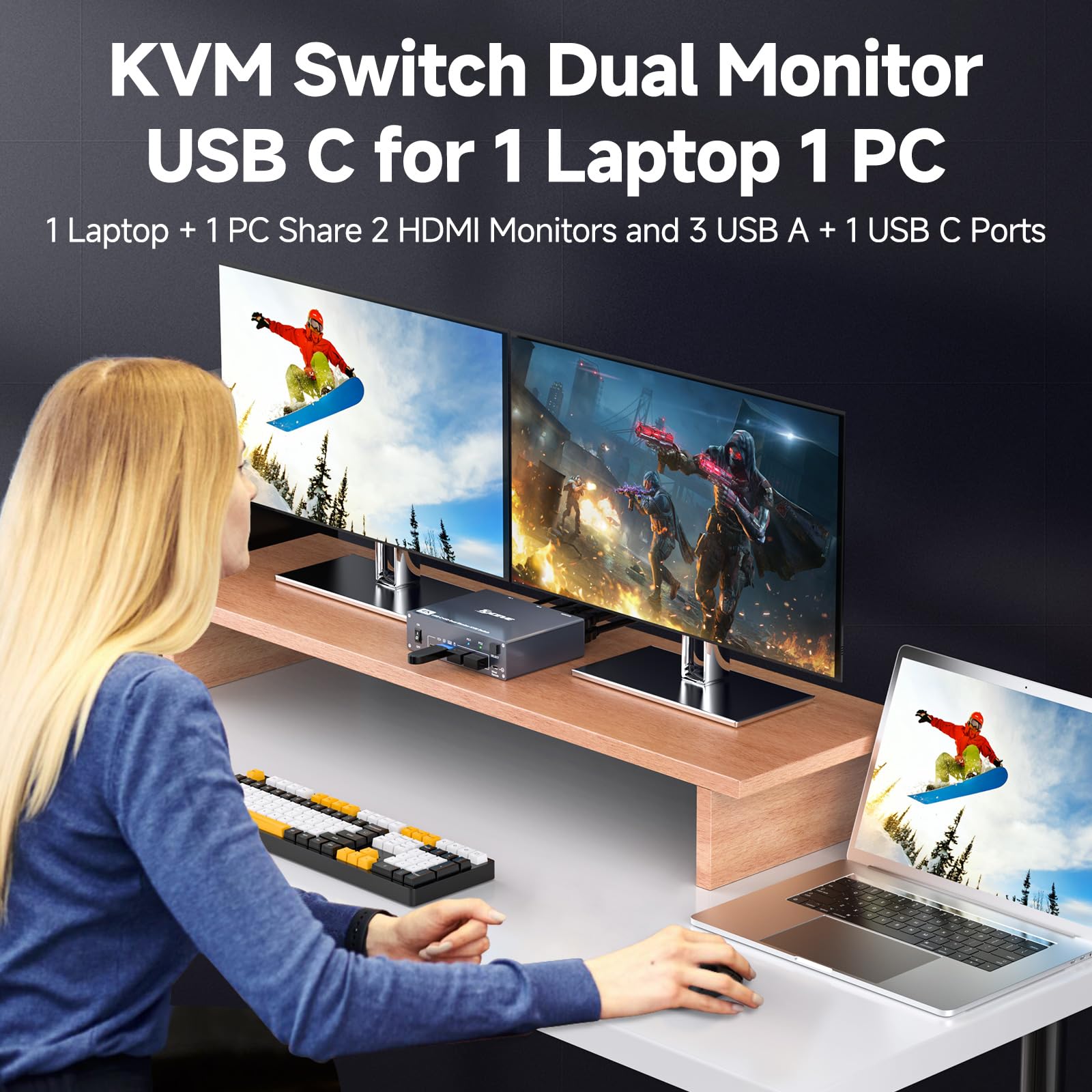 Switch KVM 2 Monitor per 1 Laptop 1 Desktop PC, USB 3.0 KVM Switch 2 PC 2 Monitor USB-C, 4K @ 60 Hz, MST, PD 100 W, Aluminium, Wired Remote(4K USBC HD 2 in 2 out)