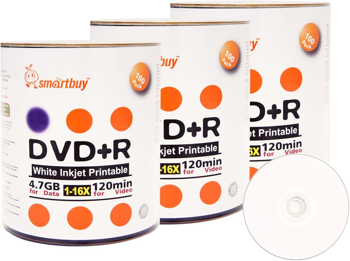 Smart Buy 300 Pack DVD+R 4.7gb 16x White Printable Inkjet Blank Media Record Disc, 300 Disc 300pk