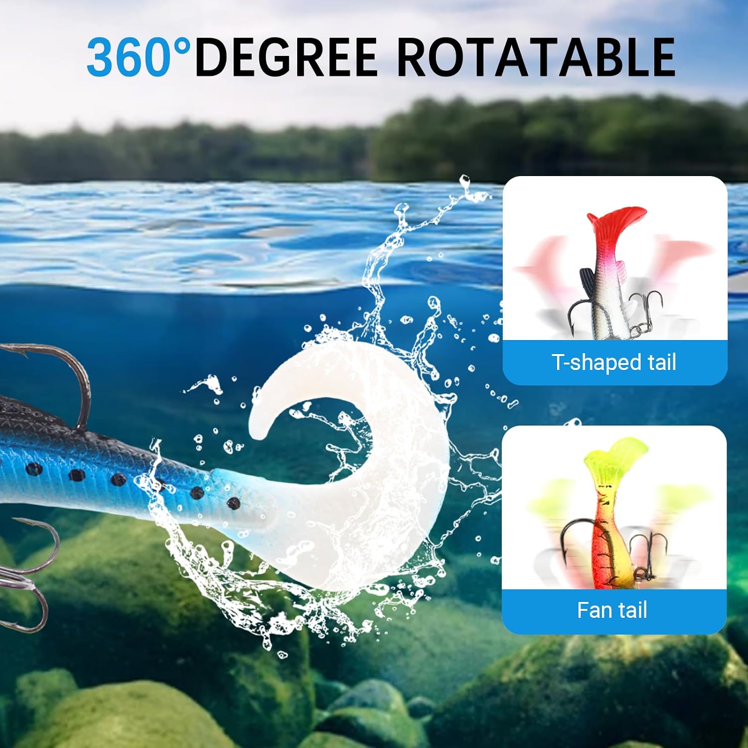 Paddle Tail Swimbaits 15PCS Pre-Rigged Soft Plastic Lures with Jig Heads | swimbait set with jig heads and tackle box, 6 styles lifelike paddle trolling tails for bass fishing in freshwater saltwater