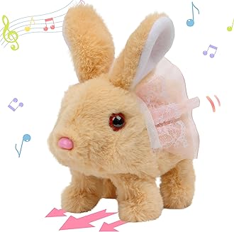 Hopearl Hopping Rabbit with Dress Interactive Electronic Pet Plush Bunny Toy with Sounds and Movements Animated Walking Wiggle Ears Twitch Nose Gifts for Toddlers Birthday, Brown, 7''