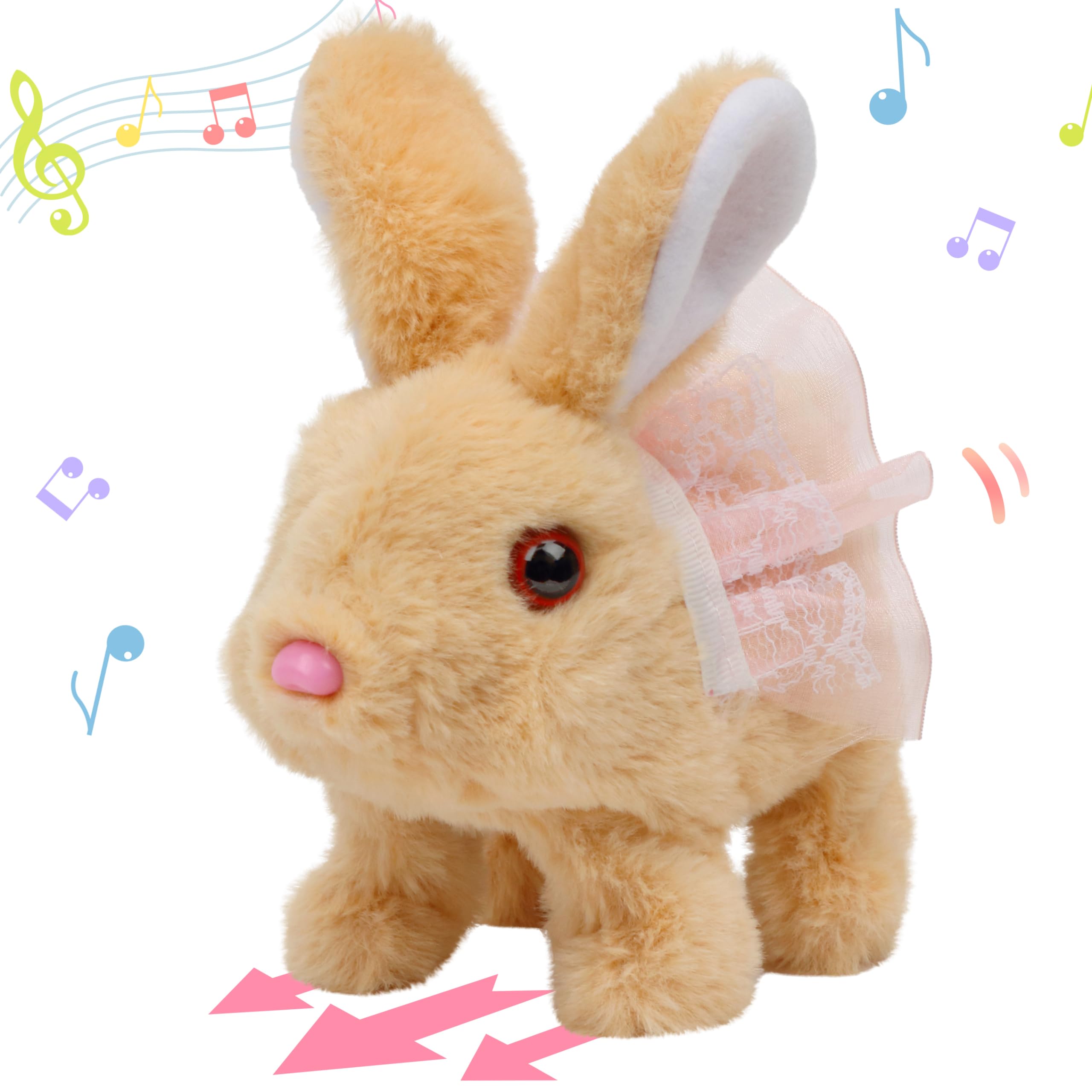 Hopearl Hopping Rabbit with Dress Interactive Electronic Pet Plush Bunny Toy with Sounds and Movements Animated Walking Wiggle Ears Twitch Nose Gifts for Toddlers Birthday, Brown, 7''