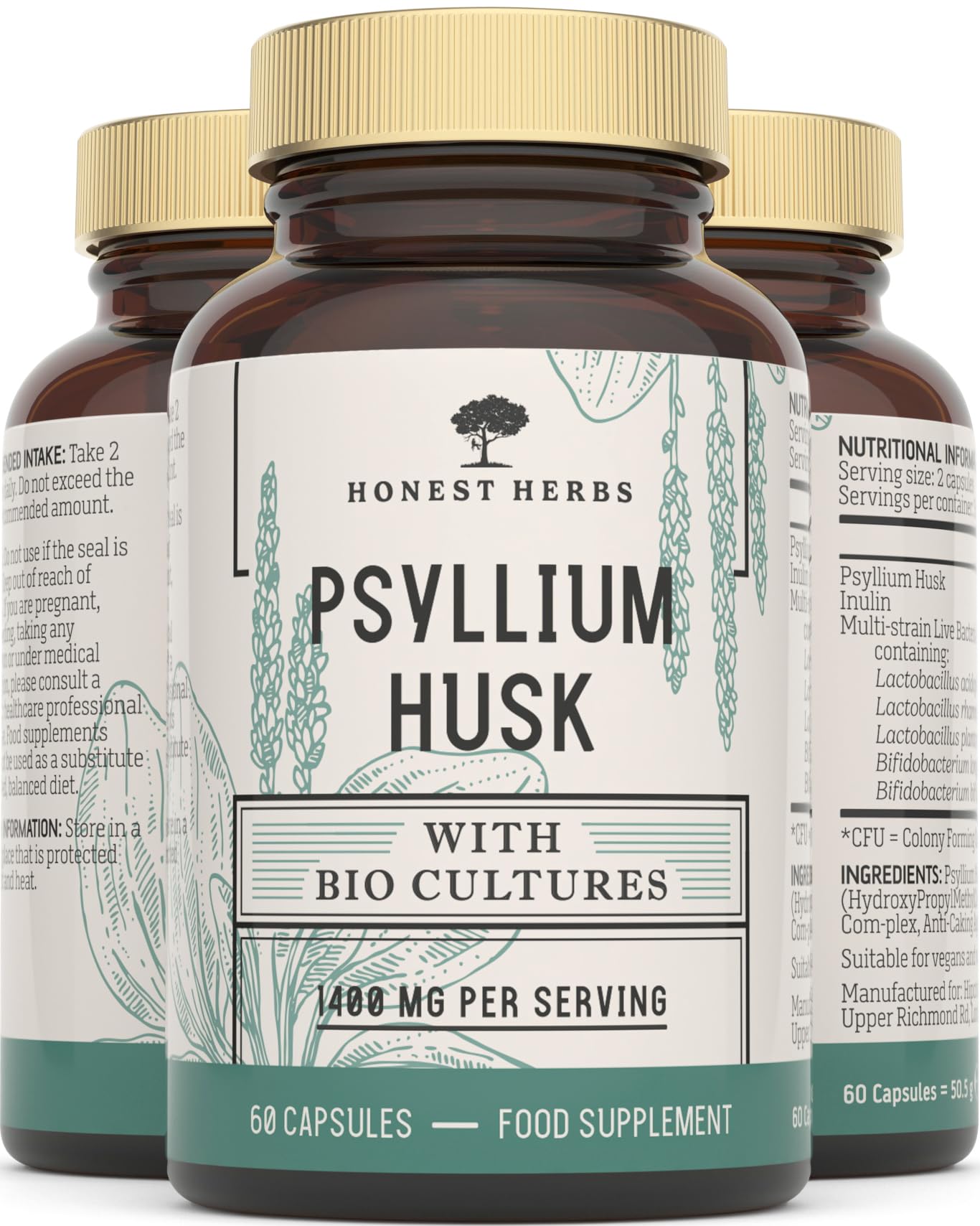 Psyllium Husks Capsules with Probiotics - High Fibre Supplement 1400mg - Soluble Fiber Tablets High Strength - 60 Capsules - Pure Psyllium Husk & 6B Acidophilus Probiotic Complex for Digestive Support