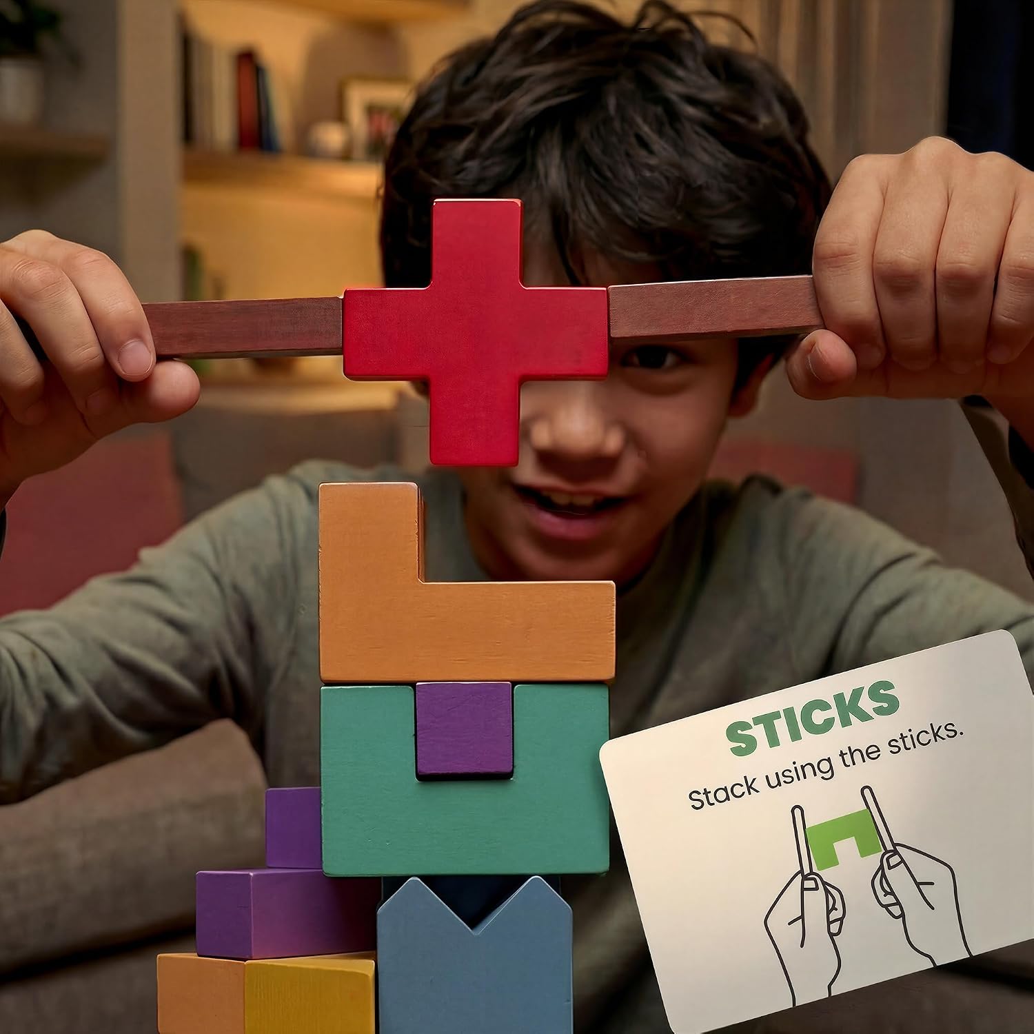 Block Stacking Game for Kids & Families, 39 Wooden Pieces, Fast-Paced Party Game