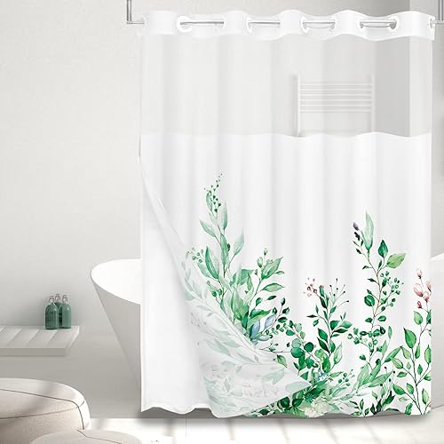 Vista 266 de Tititex - Juego de cortinas de ducha de eucalipto verde oliva, hojas de acuarela en la parte superior con decoración floral de baño, 60 x 72 Hojas