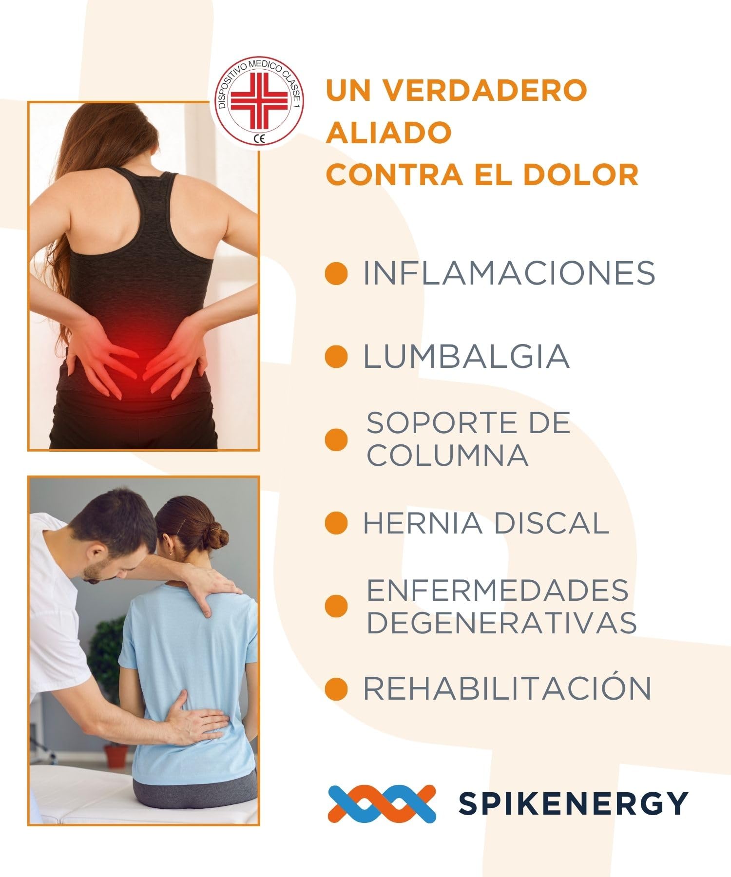 SPIKENERGY Vendaje Lumbar Elástico Suave Electromagnetoterapia Contra los Traumatismos Dolor lumbociático Coxalgia Artrosis lumbar y fatiga muscular - Medical Device (L/XL)