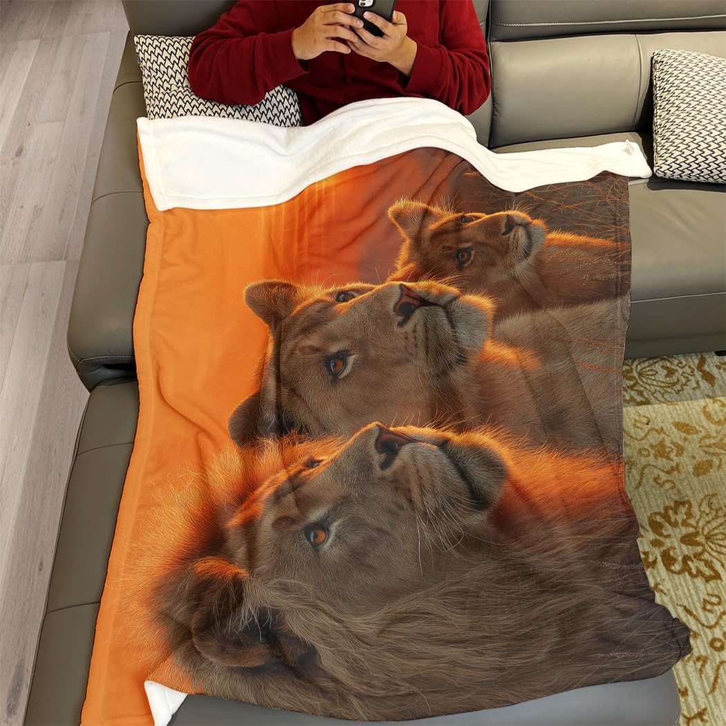 60"x80" Sunset Lion Family Blanket, Soft Cozy Fleece for Couch Sofa Bed