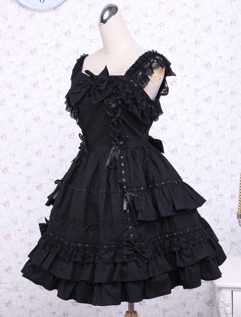an*tai*na* Antaina Schwarz Baumwolle Rüsche Spitze Flieges Gothic Punk Sexy Knielang Elegant Lolita Cosplay Kleid