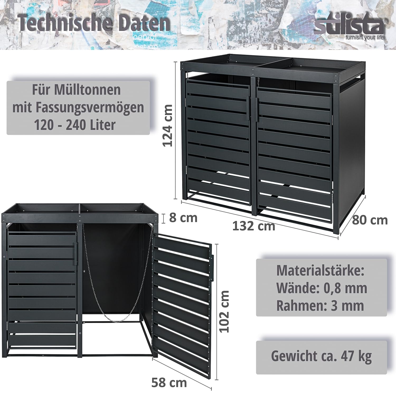 STILISTA Mülltonnenverkleidung aus Metall mit Pflanzdach, je 240 Liter, Anthrazit, 2-türig