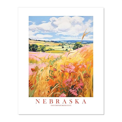 Nebraska Travel Print Cornhusker State Souvenir Yellow Orange Pink Wall Art Retro Poster Scenic Landscape Painting (12x16 inches)