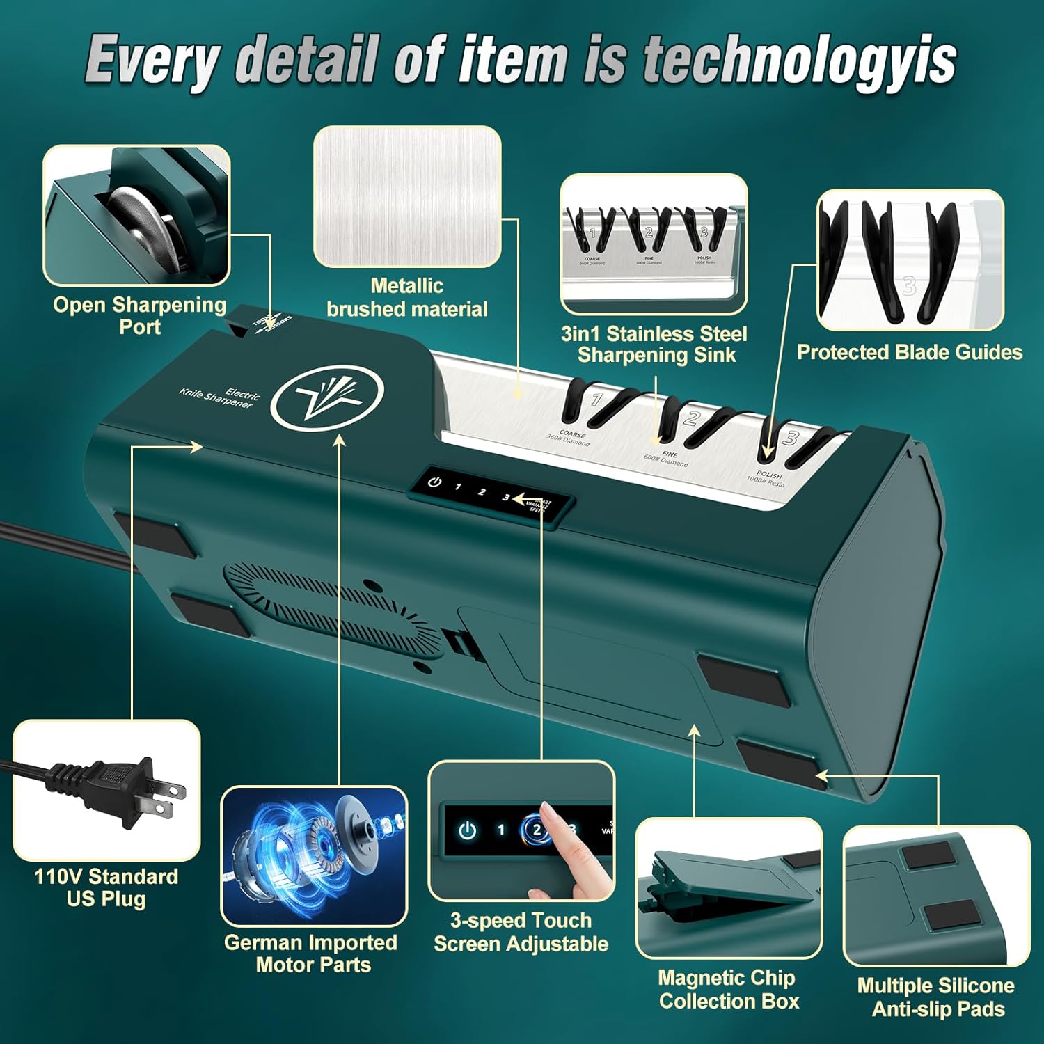 Electric Knife Sharpener with 100% Diamond Abrasives & Precision Angle Guides & 3-Speed Variable & 4-Stage Open Touch-Screen LCD Professional Knife Sharpener for Straight Edge,Serrated,Scissors,Axe