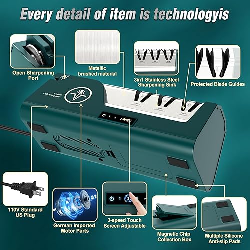 Miniatura 5 de Afilador de cuchillos eléctrico con abrasivos 100% de diamante y guías de ángulo de precisión y variable de 3 velocidades y pantalla táctil abierta