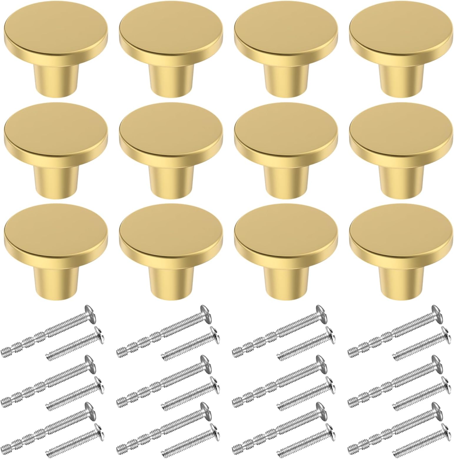 BIGLUFU 12 Pcs Brass Drawer Knobs, 1"/25mm Round Kitchen Cabinet Knobs, Furniture Door Handles Cupboard Pulls with Screws, Brushed Finish (Gold)