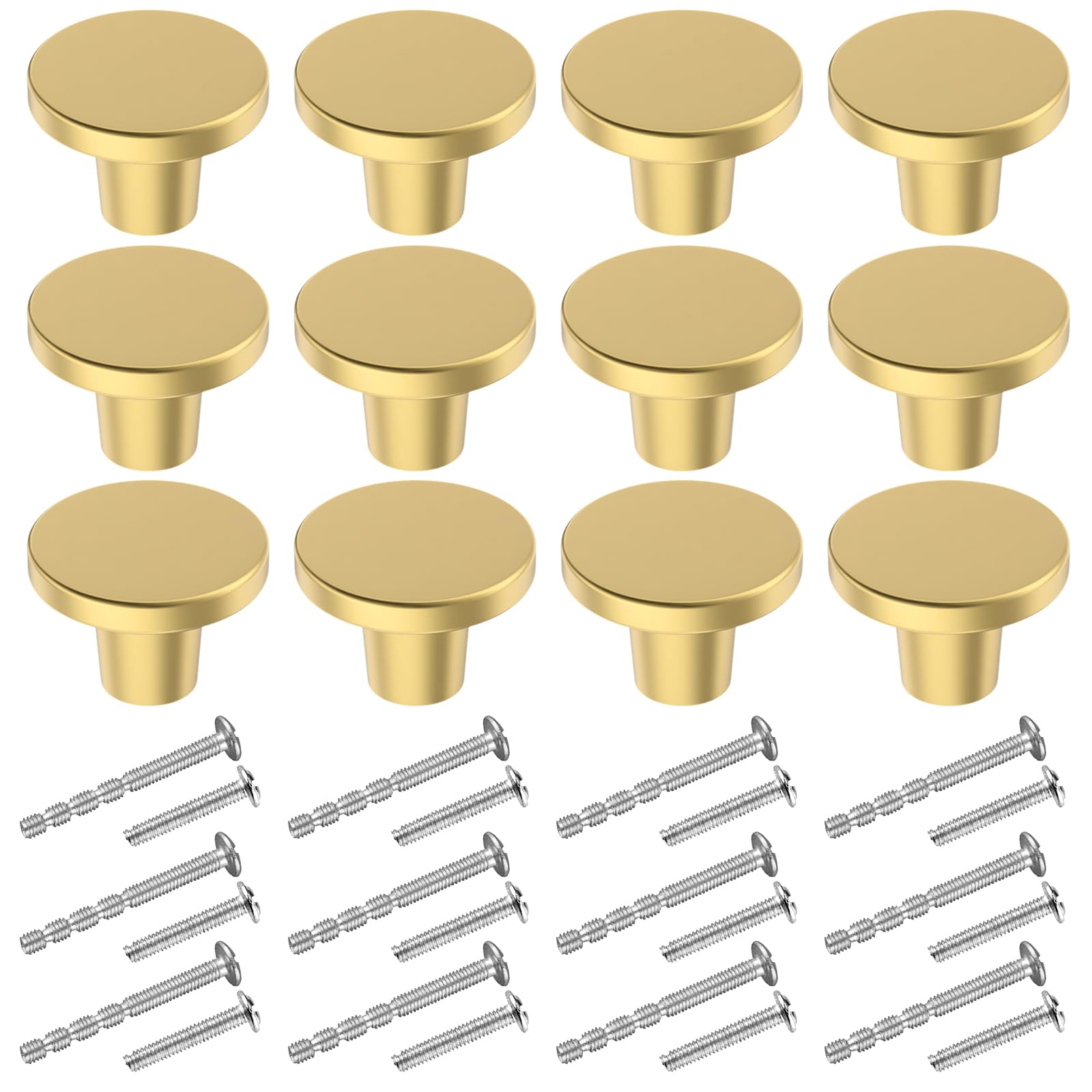 BIGLUFU 12 Pcs Brass Drawer Knobs, 1"/25mm Round Kitchen Cabinet Knobs, Furniture Door Handles Cupboard Pulls with Screws, Brushed Finish (Gold)