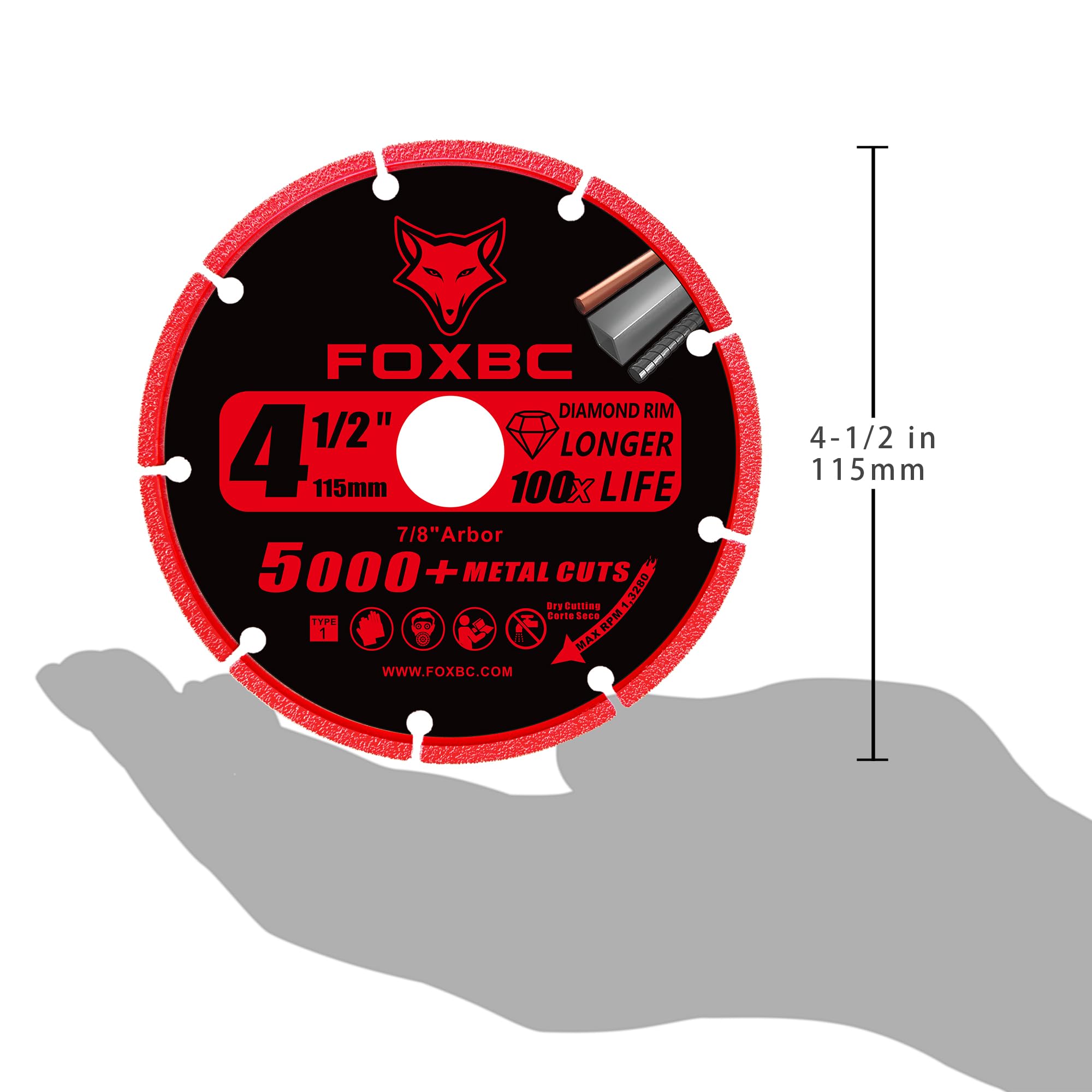 FOXBC Rueda de corte de diamante de 4 1/2 pulgadas para amoladora angular, más de 5000 cortes en barra de refuerzo, acero inoxidable, hierro angular, eje de 7/8 pulgadas