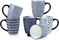Selamica Vintage Blue 16oz Porcelain Coffee Mug Set of 6 - Stackable Ceramic Tea Cups with Handle, Microwave Oven Dishwasher Safe