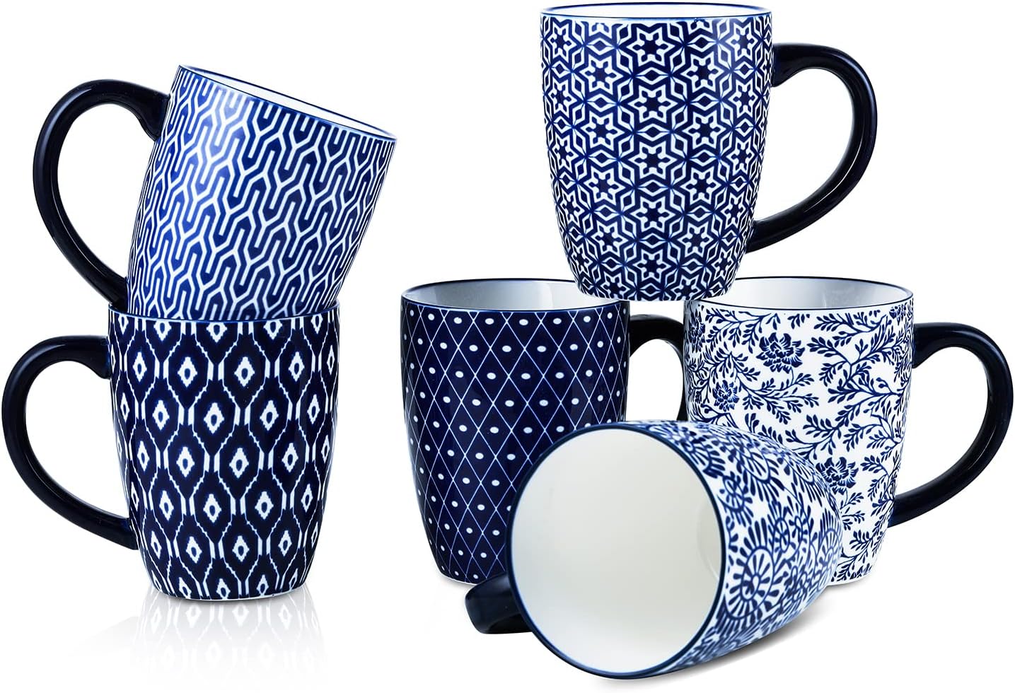 Selamica 16 oz Ceramic Coffee Mugs Set of 6, Ceramic Tea Cup with Handle, Dishwasher oven microwave safe, Vintage Blue