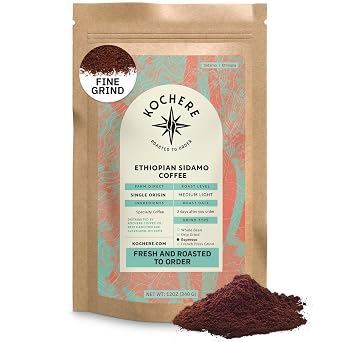 Ethiopian Sidama Fine Ground Coffee - Single Origin Medium Light Roast, Freshly Roasted To Order Ground Coffee, Specialty Grade, Fair Trade and Non-GMO, Chocolate and Fruity Notes - 12 oz