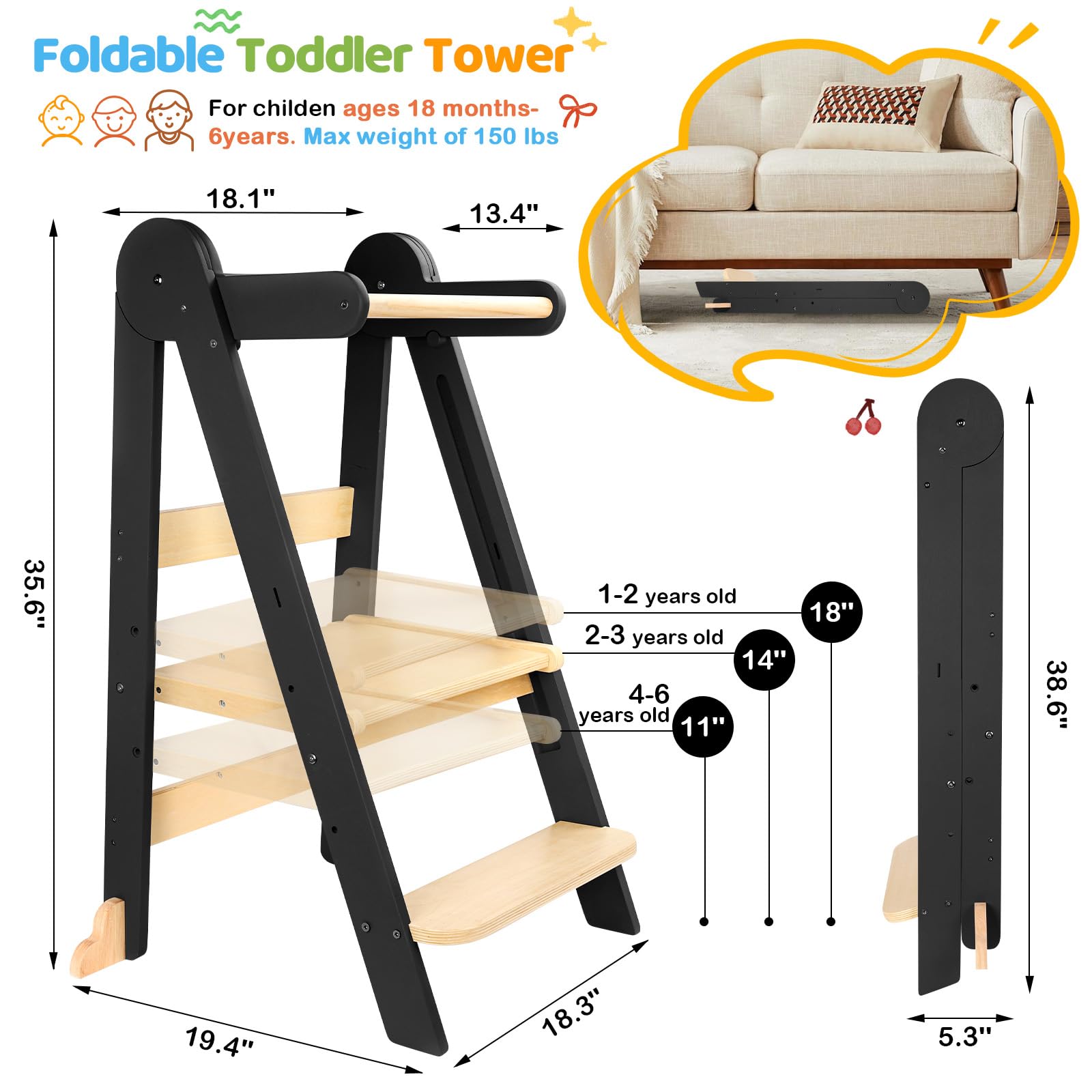 Torre di apprendimento per bambini, sgabello pieghevole in legno regolabile