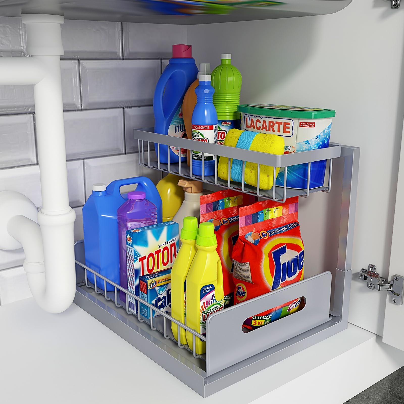 REALINN Under Sink Organizer, Pull Out Cabinet Organizer 2 Tier Slide Out Sink Shelf Cabinet Storage Shelves, Under Sink Storage for Kitchen Bathroom Cabinet, Gray, 1 Pack