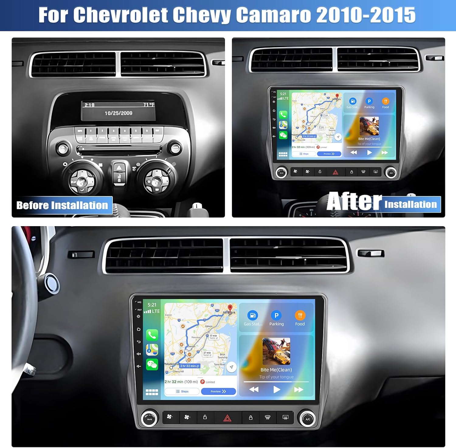Car Stereo for Chevrolet Chevy Camaro 2010-2015 2G+64G with Wireless Carplay Android Auto,9 inch HD Touchscreen Android 13 Car Radio with WiFi GPS Navigation Bluetooth FM/RDS SWC+Rear Camera