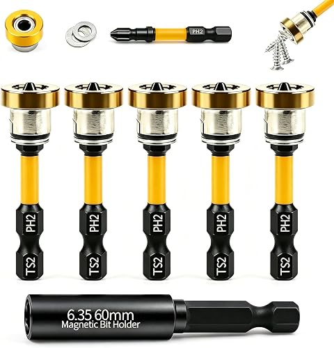 6pcs Drywall Screw Setter Set, 1/4" Hex Adjustable Depth Positioning Bits with Magnetic Bit Holder Extension Bar, Magnetic Positioning Screwdriver Bits, for Sheetrock and Plasterboard Screws (Yellow)
