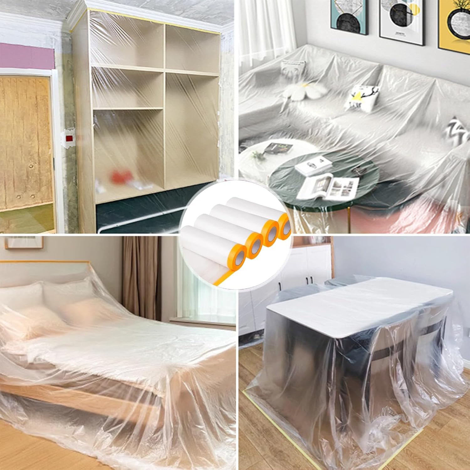 Delzon Painters Plastic with Tape, Pre-Taped Masking Paper for Painting Automotive Masking Film Paint Adhesive Protective Film 2