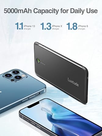 Luxtude Portable Charger iPhone Built in Lightning Cable (MFi Apple Certified), Ultra Slim Portable Phone Charger Thin Battery Pack, 5000mAh Power Bank for iPhone 14/13/12/11/10 etc. (Metal Black)