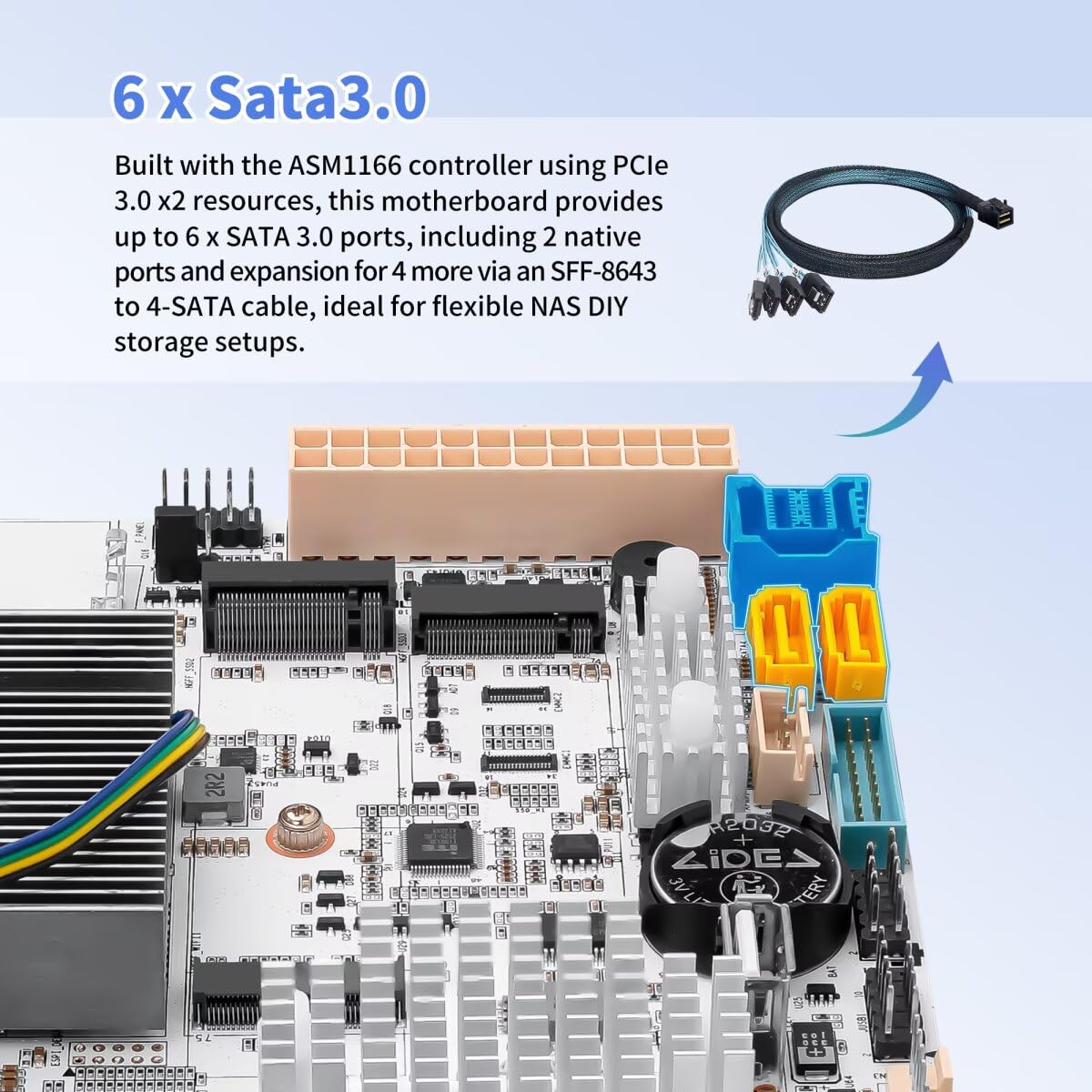 NAS Motherboard N150 6 Bay, Dual RJ45 10GBE LAN, Mini-ITX Mainboard, 3 x M.2 NVMe Mini Computer Board, DDR5 Barebone, Low Power Home Server Board, HD2.0