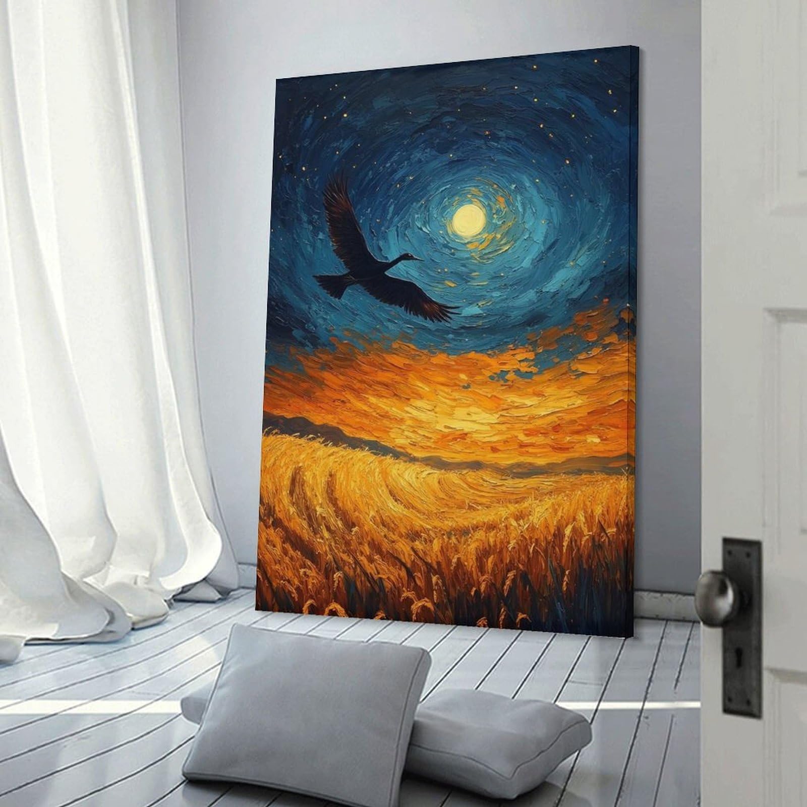 Junmoney Wall Picture Print Bird Flying Over Golden Field Painting, 12x18inch(30x45cm), for Hallway, Bedroom Or Modern Interiors, Thoughtful Wall Decor for Art Lovers
