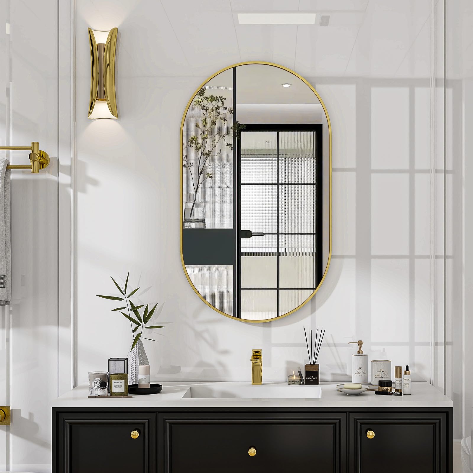 Koonmi Oval Bathroom Mirror, 43 x 76 cm Tempered Glass Wall Mounted Mirror, Bathroom Vanity Mirror without Distortion Hanging Horizontally or Vertically for Bedroom, Entryway, Living Room, Gold