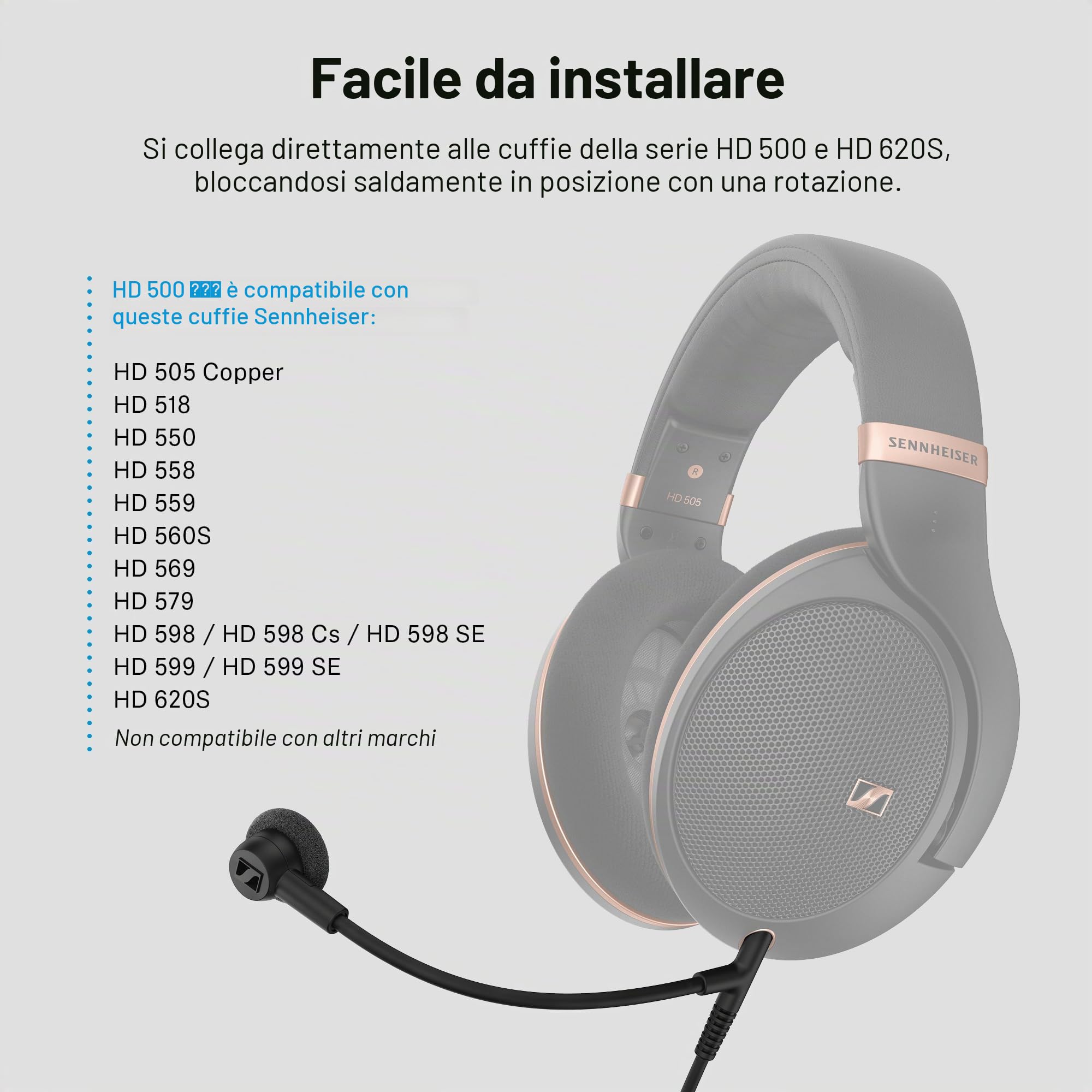 Sennheiser HD 500 BAM, microfono a braccio plug-in per gaming e chiamate, con controlli volume e muto, jack analogico da 3,5 mm, per cuffie HD 560S, HD 505, HD 620S e altri