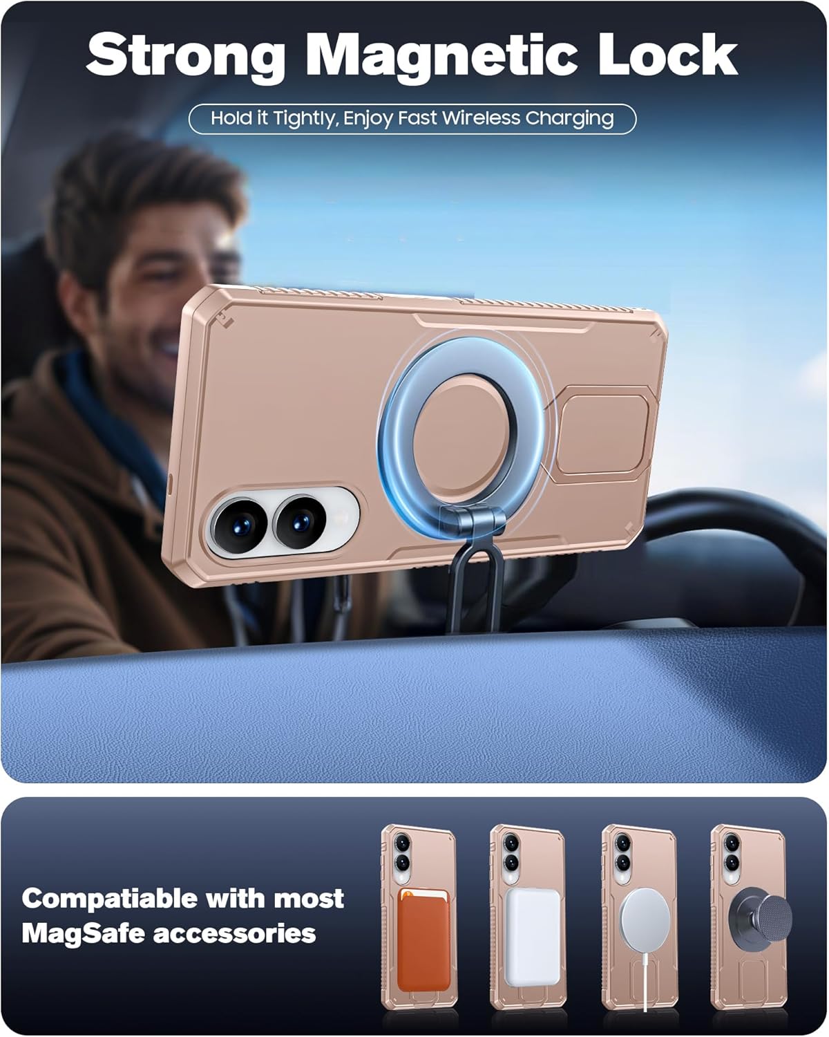 CENMASO Magnetic Case for Samsung Galaxy S25 Edge with 360° Spin Stand, Compatible with Magsafe, Military Grade Protection, Shockproof Phone Case for Galaxy S25 Edge with Kickstand & Ring Stand, Gold - Image 6