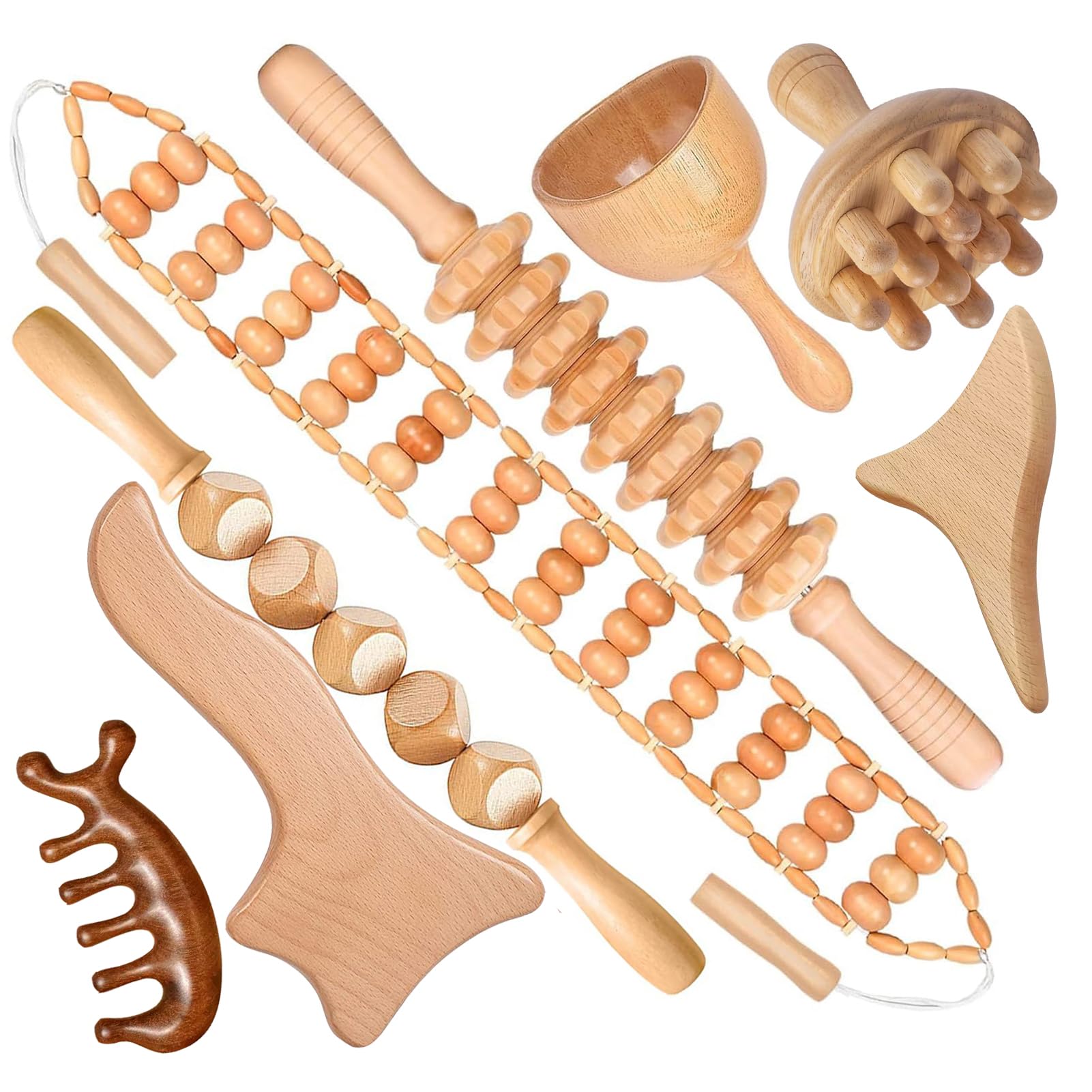 Maderoterapia Kit de massage thérapeutique en bois 8 pièces – Drainage lymphatique et contour du corps pour réduire la cellulite, douleurs musculaires, sculpture de spa à domicile – Kit de bien-être