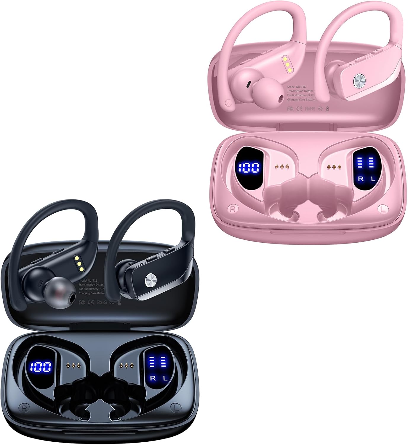 bmani 2 Sets Wireless Earbuds Bluetooth Headphones 48hrs Play Back Sport Earphones with LED Display Over-Ear Buds with Earhooks Built-in Mic Headset for Workout Black + Pink