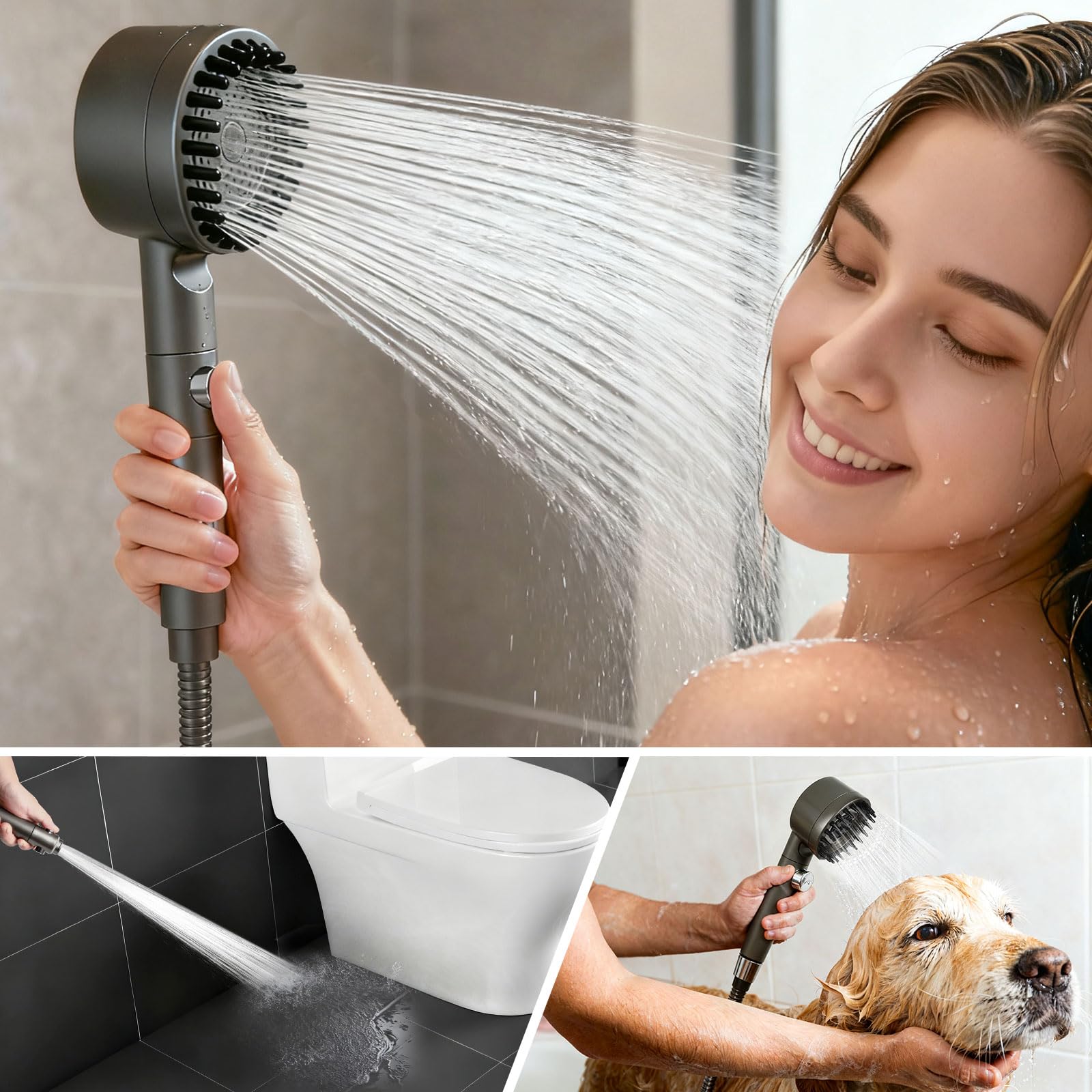 Soffione Doccia Anticalcare & 5 Ricambi | Doccino Per Doccia Con Tubo 1,5M | Soffione Anticalcare | Risparmio Idrico con Pausa | soffione doccia con filtro | Grigio