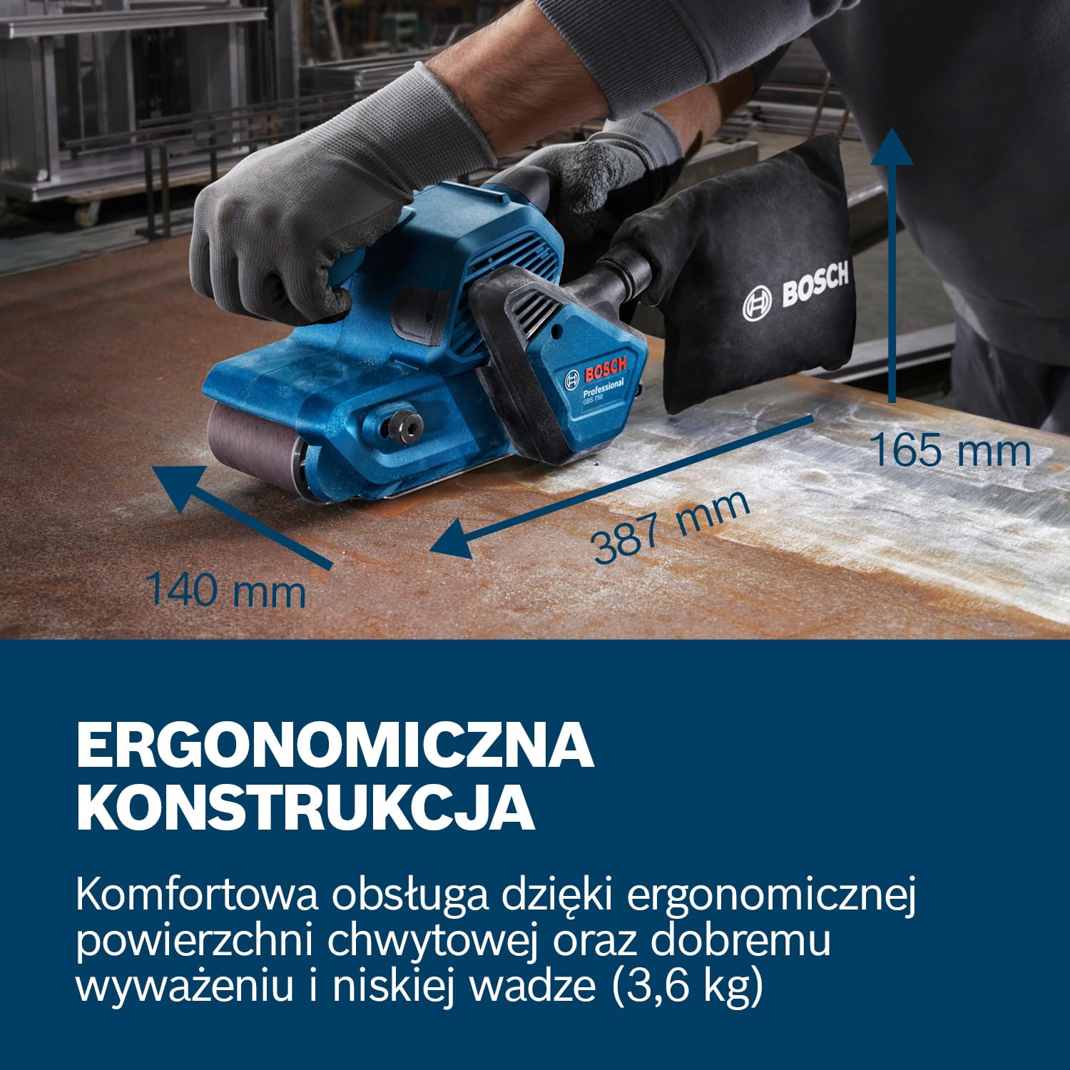 Bosch Professional: szlifierka taśmowa GBS 750 (silnik 850 W, taśma szlifierska z tkaniny, worek na pył)