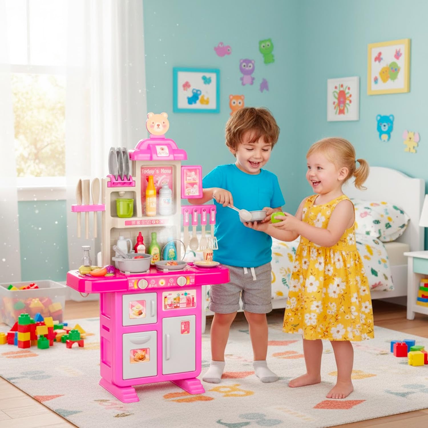 Cucina Giocattolo Per Bambini Con Luci E Suoni Realistici 69 Accessori Rubinetto Con Sistema Di Riciclo Dell'Acqua E Fornelli Per Bambini Dai 3-5 Anni Set Cucina (Rosa)