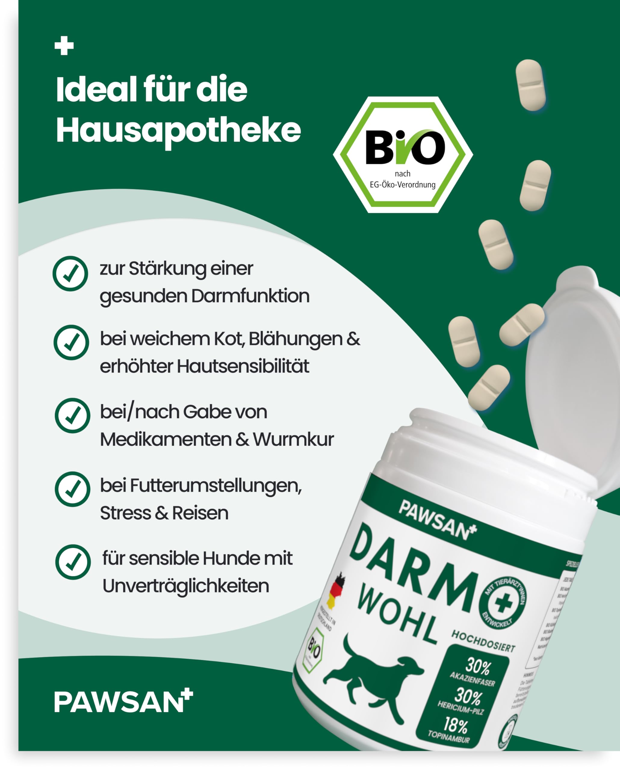 PAWSAN Darmwohl Bio Darmkur Hund – Alternative zu Probiotika – Gras und Kotfresser Drops – Sodbrennen Hund, Durchfall, Blähungen – Darmflora Aufbauen mit Präbiotika – 100 Tabletten Made in Germany