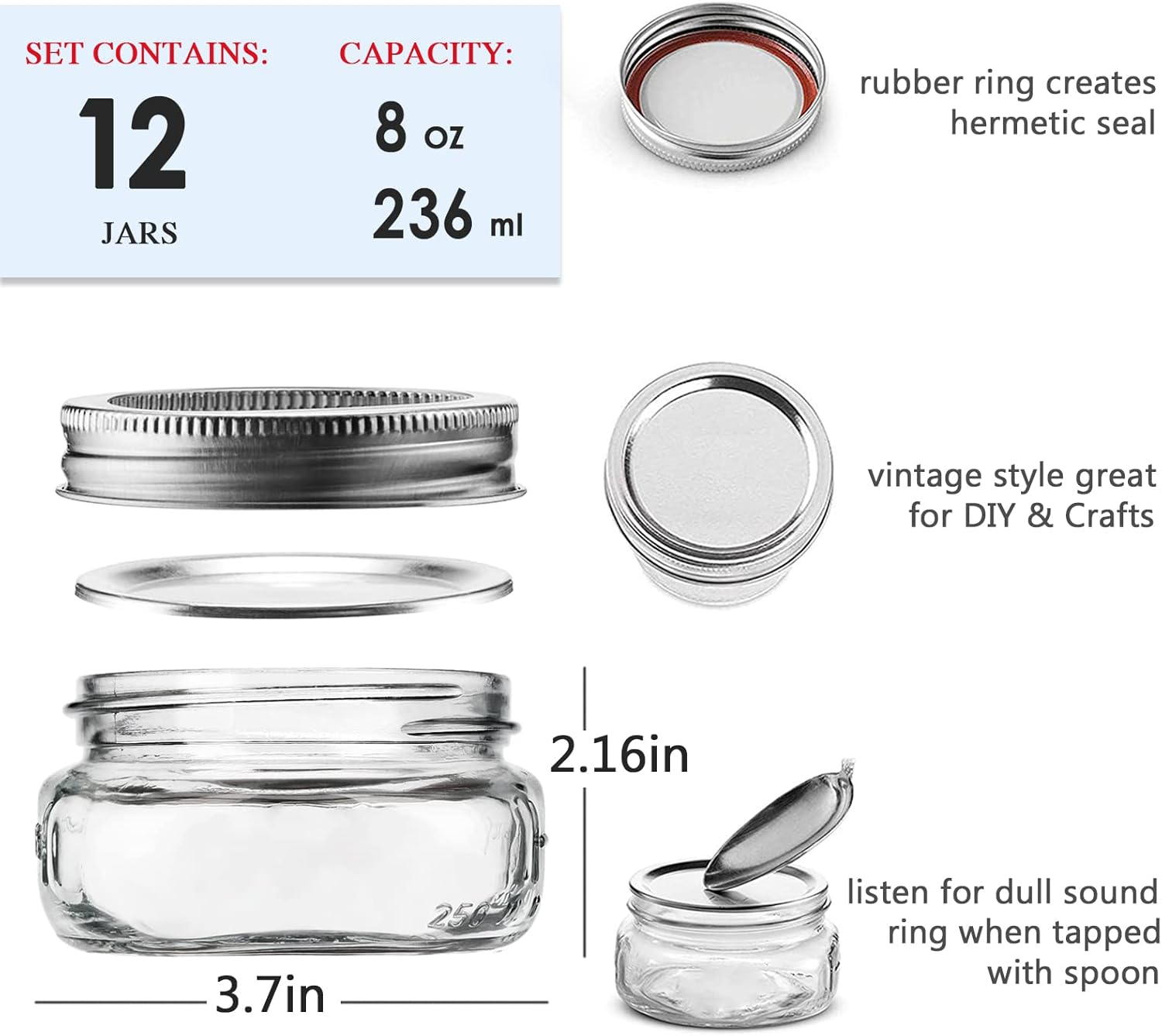 Ensccant Wide Mouth Mason Jars 8 oz - 12 Pack Glass Canning with Silver Airtight Lids and Bands, Small Half Pint for Preserving, Honey, Jam, Jelly, Baby Food, Tea, Kitchen Spices, DIY Projects : Home & Kitchen