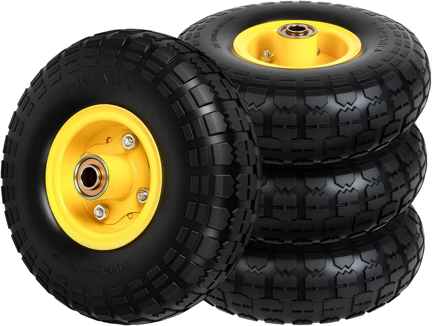 4.10/3.50-4 Tire and Wheel Flat Free, 10" Solid Tire 220LB Capacity Each, with 5/8" Bearings and 2.1" Offset Hub, for G orilla Cart, Garden Cart, Trailer, Dolly, Hand Truck, Wagon, 4 Pack, Yellow