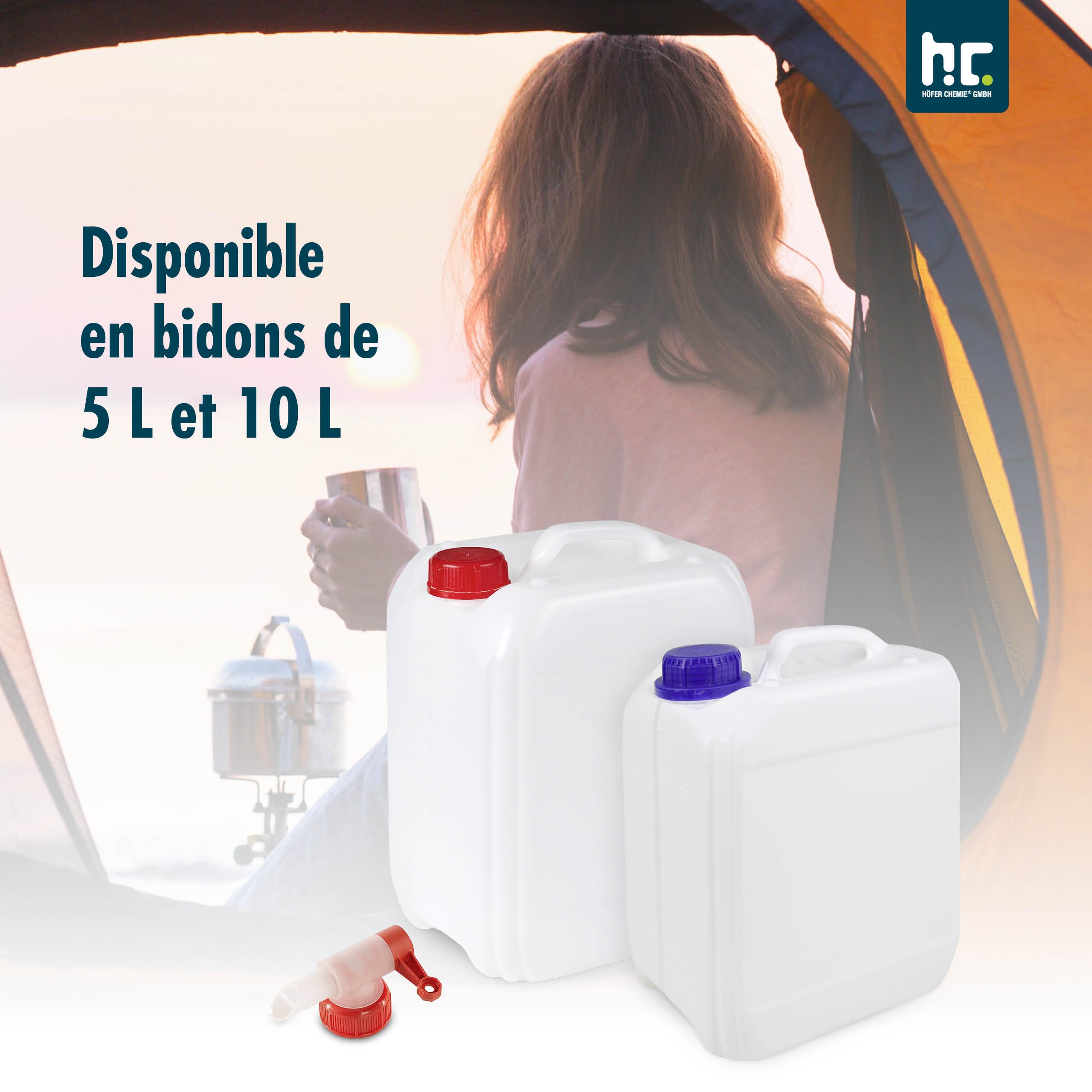 Höfer Chemie Ensemble de Bidons d'Eau 2 x 5 L - Jerrican Alimentaire | Accessoire de Camping Idéal pour les Liquides - Avec Robinet de Vidange et Bouchon à Vis - Empilable et Robuste