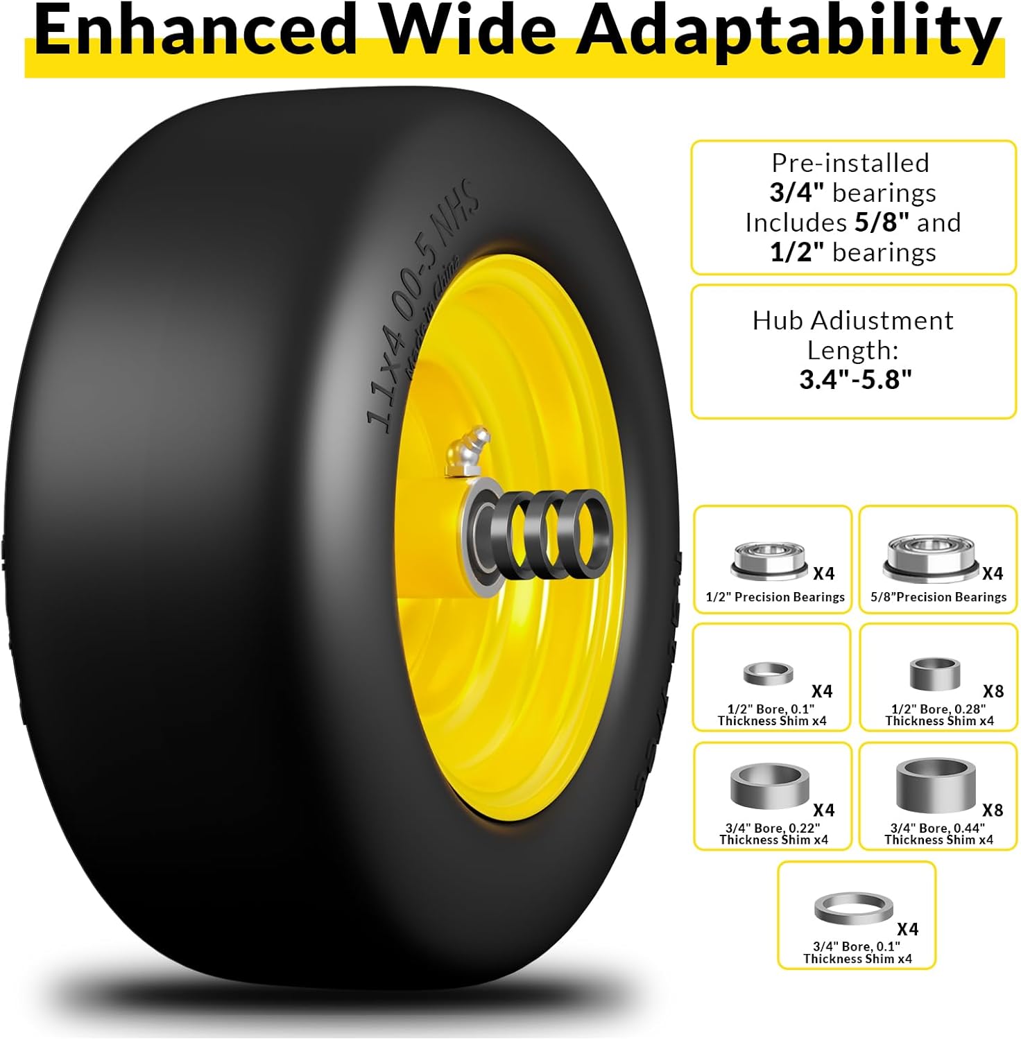 RONPOW 11x4.00-5 Lawn Mower Tires Flat Free and Wheel, 11x4-5 Solid Front Tires for Zero Turn Mower, 350Lbs Load, 3/4", 5/8" and 1/2" Bearings, 3.4"-5.8" Hub for Residential Commercial, 2Pack Yellow