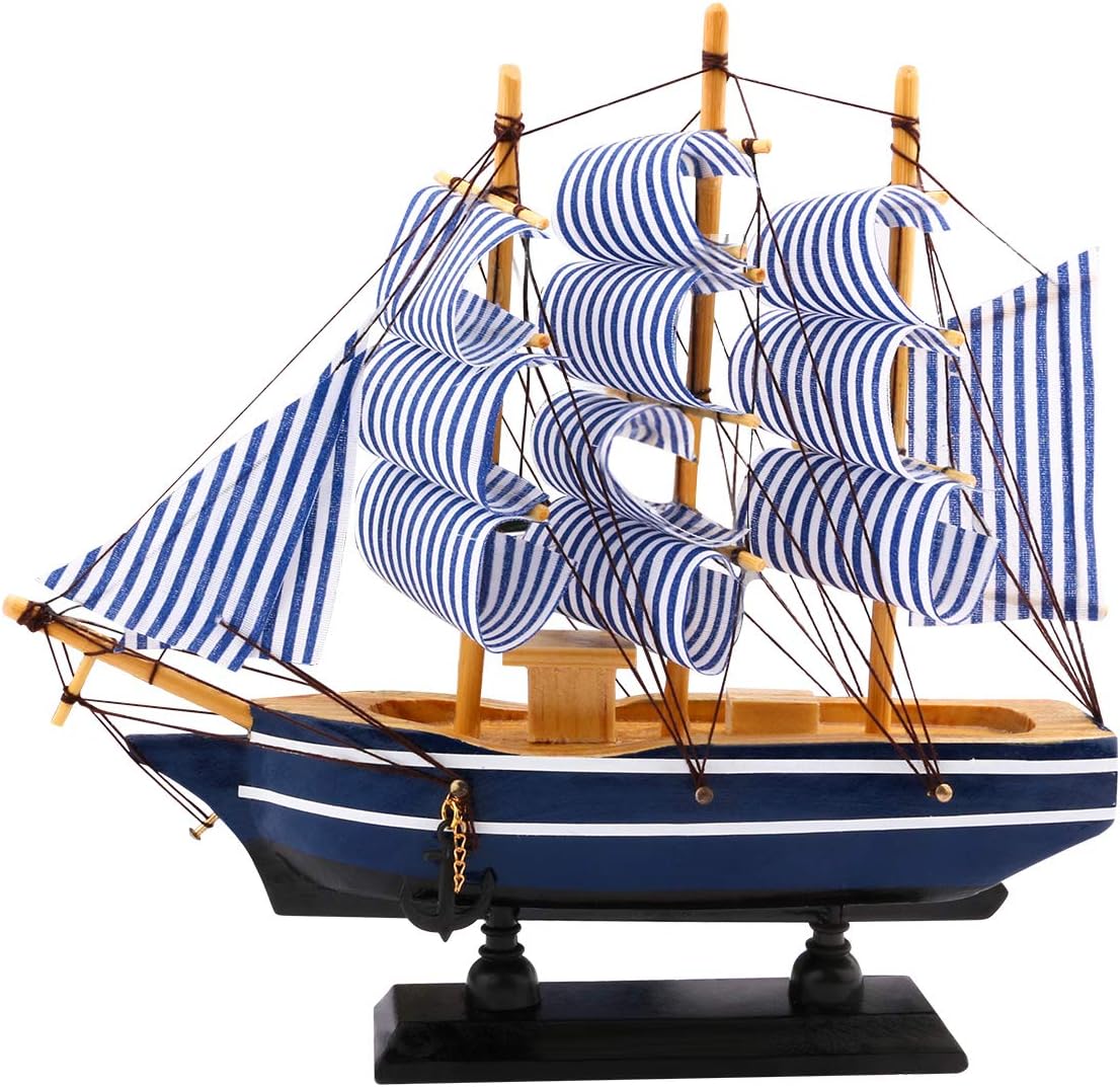 Sailboat Model Decor, Wooden Sailing Boat Nautical Decor 7"x8" Model Ship for Ocean Theme Party and Room Decoration, Photo Props