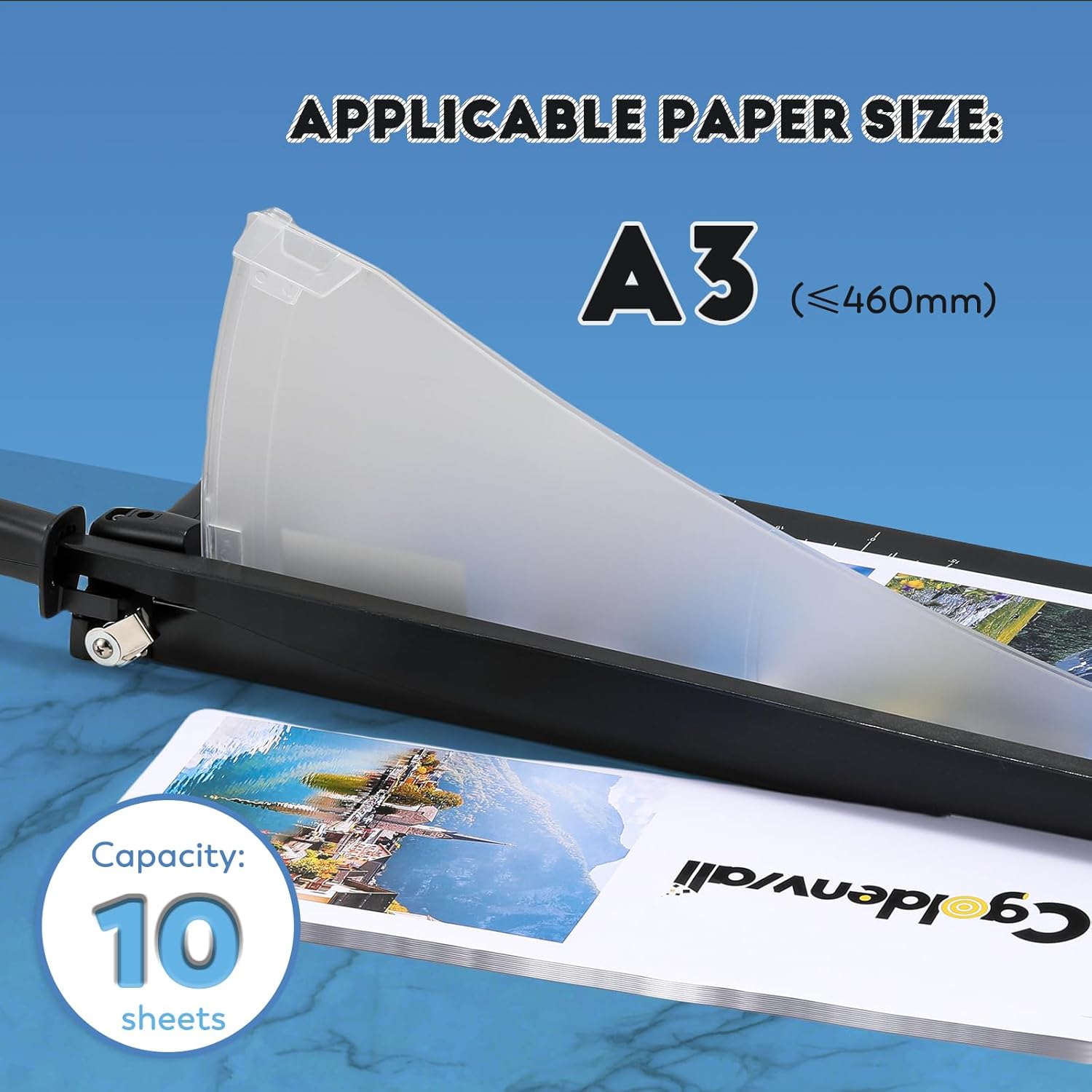 Image showing the paper cutter's capacity for A3 paper and up to 10 sheets.