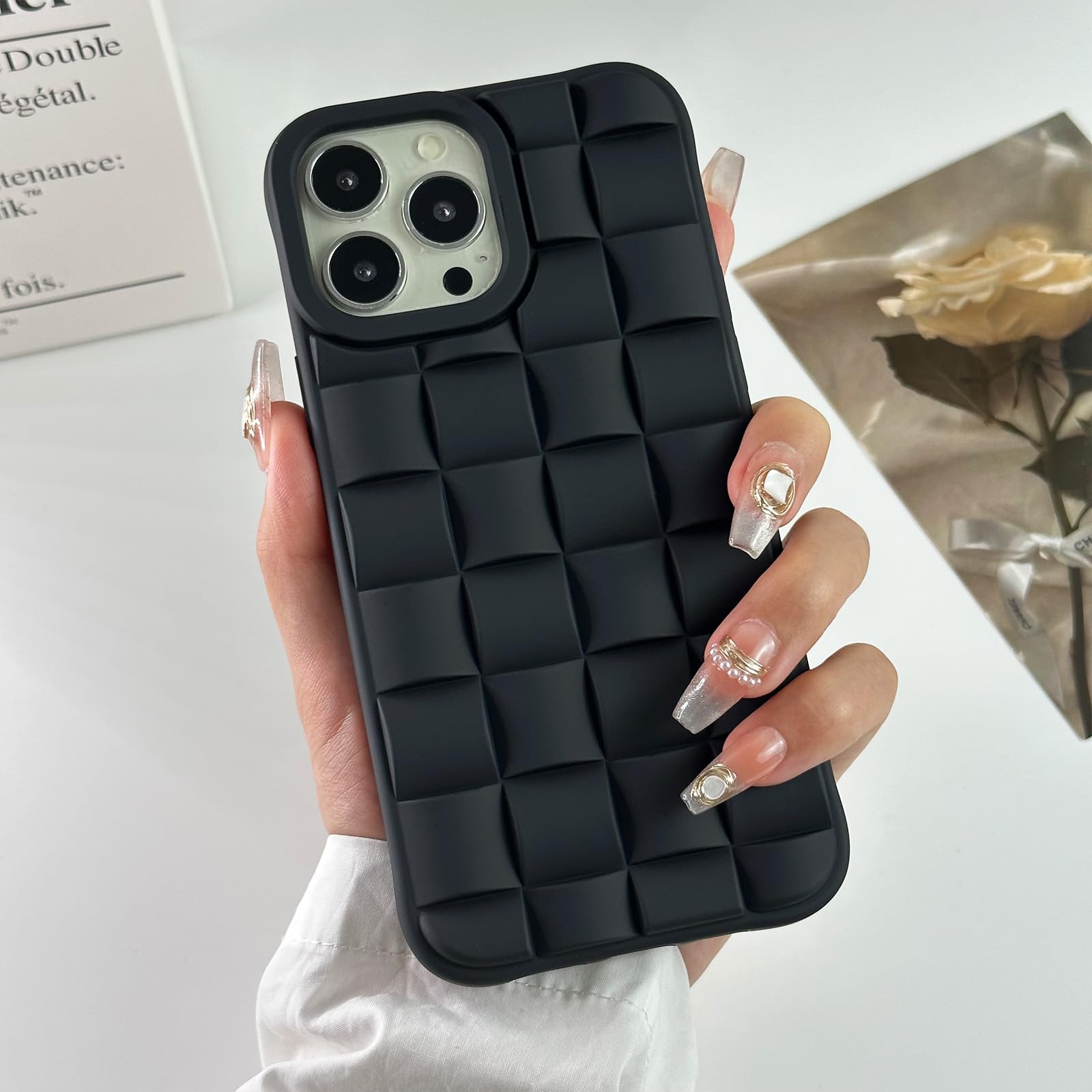 for iPhone 15 Pro Case, Aesthetic 3D Woven Grid Plaid Laid Pattern Phone Case for Women Girls Soft Silicone Shockproof Protective Bumper Case for iPhone 15 Pro, Black