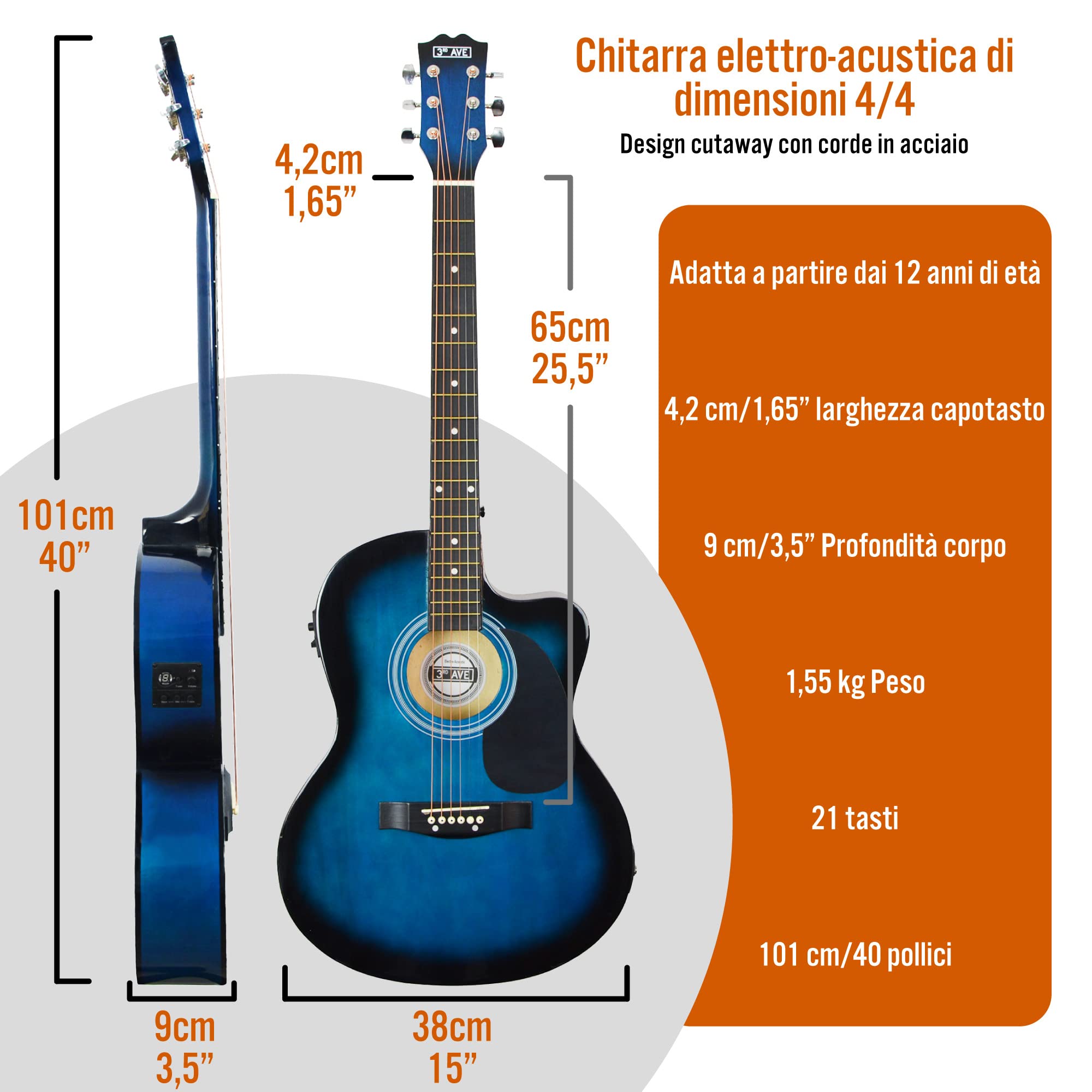 Chitarra elettro-acustica cutaway 3rd Avenue 4/4 livello beginner accordatore incorporato equalizzatore Blu