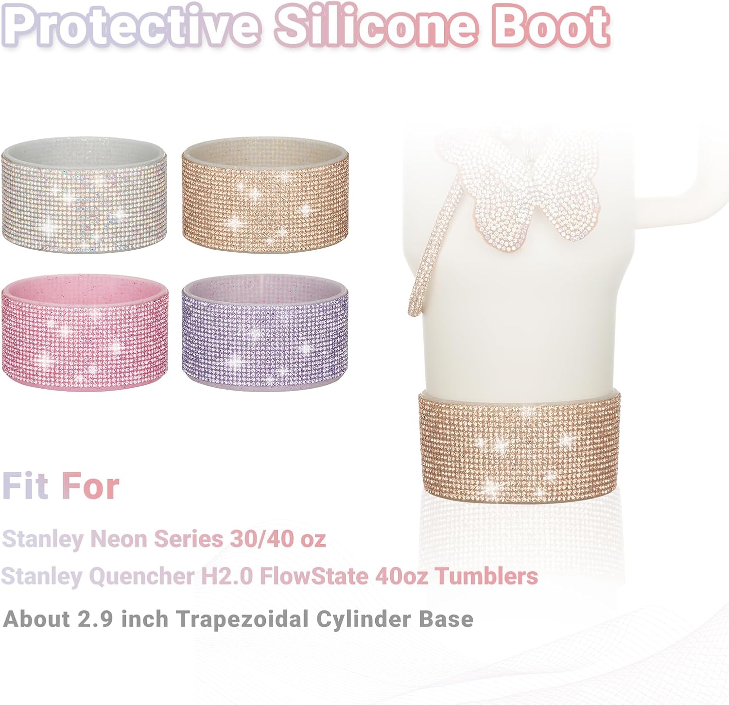 6Pcs Gold Stanley Cup Accessories with Bling Handle Strap, Diamond Straw Topper Straw Cover Cap, Bling Bow, Diamond Boot, Bling Butterfly Charms for Water Bottle Tumbler 20oz 30oz 40oz - Image 2