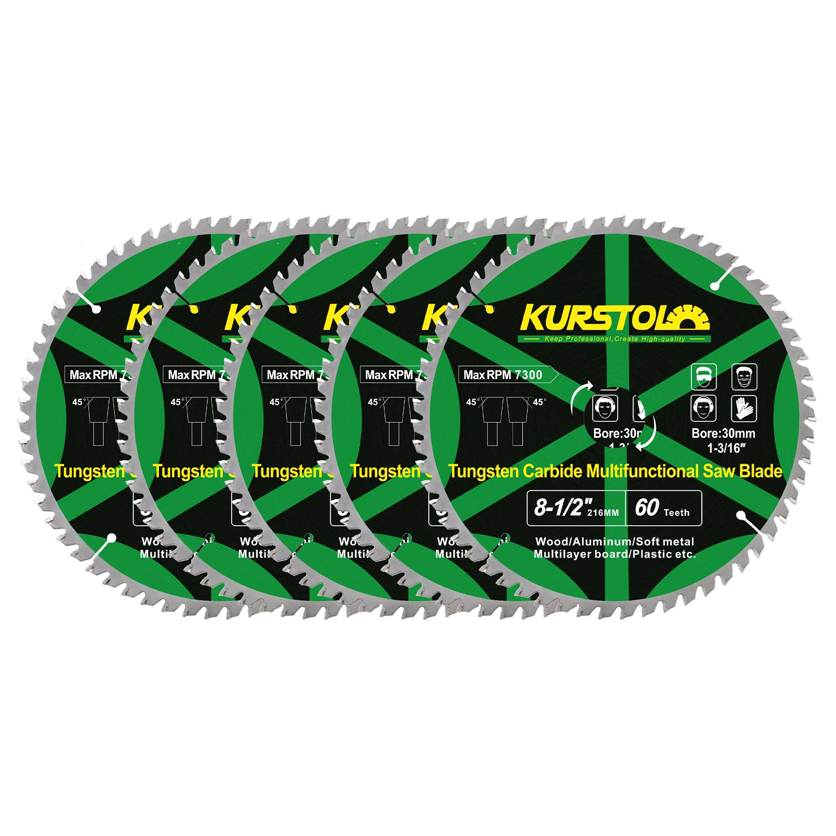 KURSTOL Wood Circular Saw Blade - 5pcs 216mm TCT Cutting Disc 60T Tungsten Carbide Tipped Blade Bore 30mm for Wood, Laminates, Aluminum, Copper, Non-Ferrous Metals, Plastic