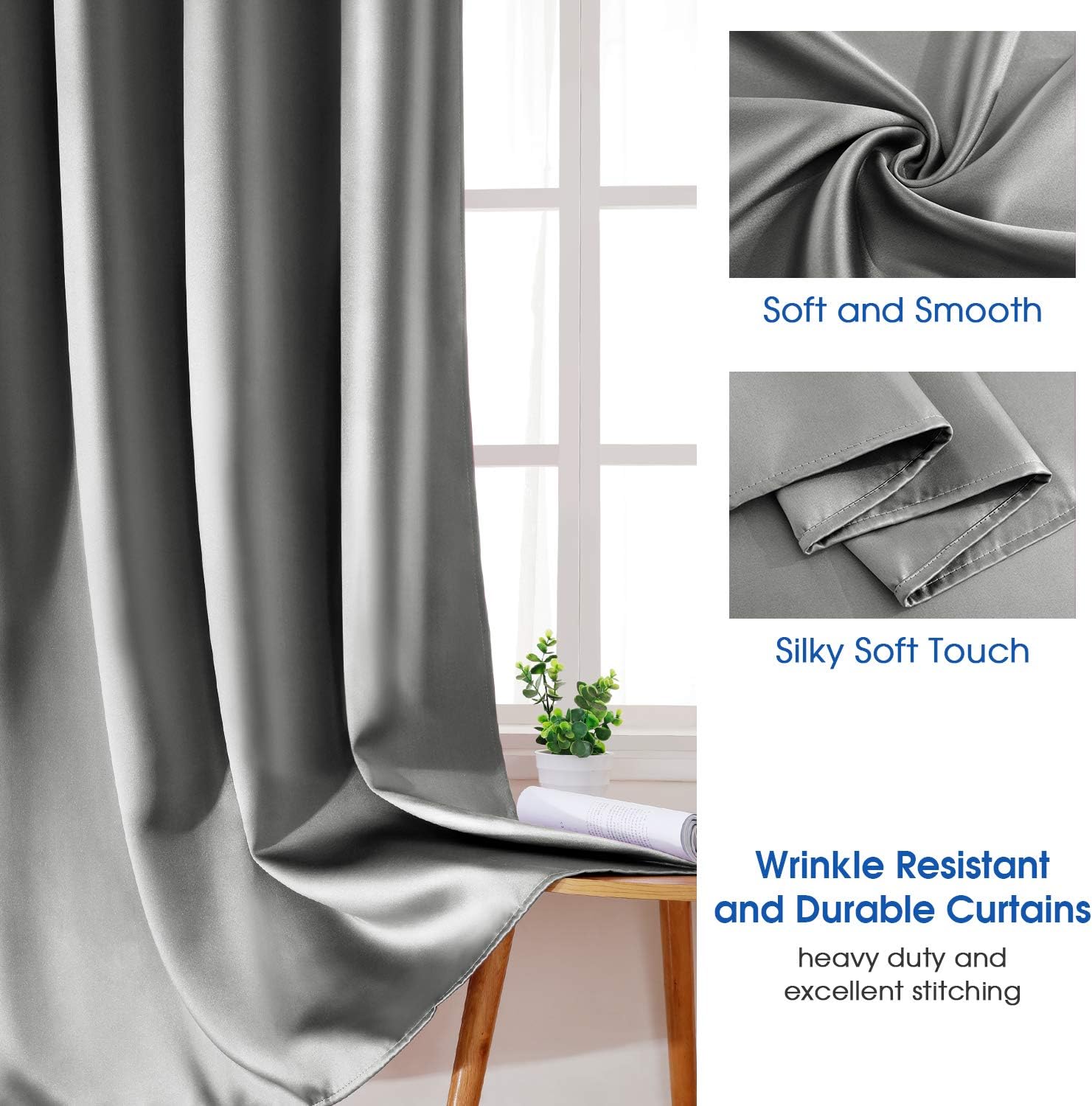 HOMEIDEAS 2 Panels Silver Grey Faux Silk Blackout Luxury Curtains, 52 X 84 Inch Room Darkening Satin Thermal Insulated Window Drapes for Bedroom Decor, Indoor 52"W x 84"L (Pack of 2) Silver Grey
