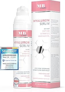 Hyaluron Serum hochdosiert 100ml - mit Anti Aging Booster Avocado-Ol, Peptiden und Vitamin E - vegane Anti-Falten Gesichtscreme für Augen, Hals und Dekollete mit quervernetzter Hyaluronsäure